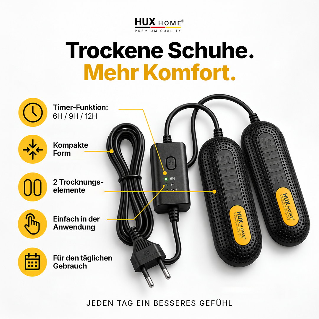 HUX-HOME® Schuh- & Stiefeltrockner elektrisch | Effizienter Schuhwärmer zum Trocknen feuchter Schuhe und zur Geruchsbeseitigung