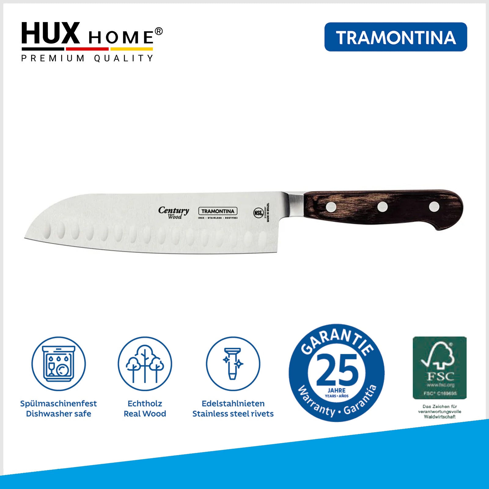 Tramontina CENTURY WOOD Santokumesser - Für Fleisch Fisch Gemüse mit Kullenschliff 25 Jahre Garantie