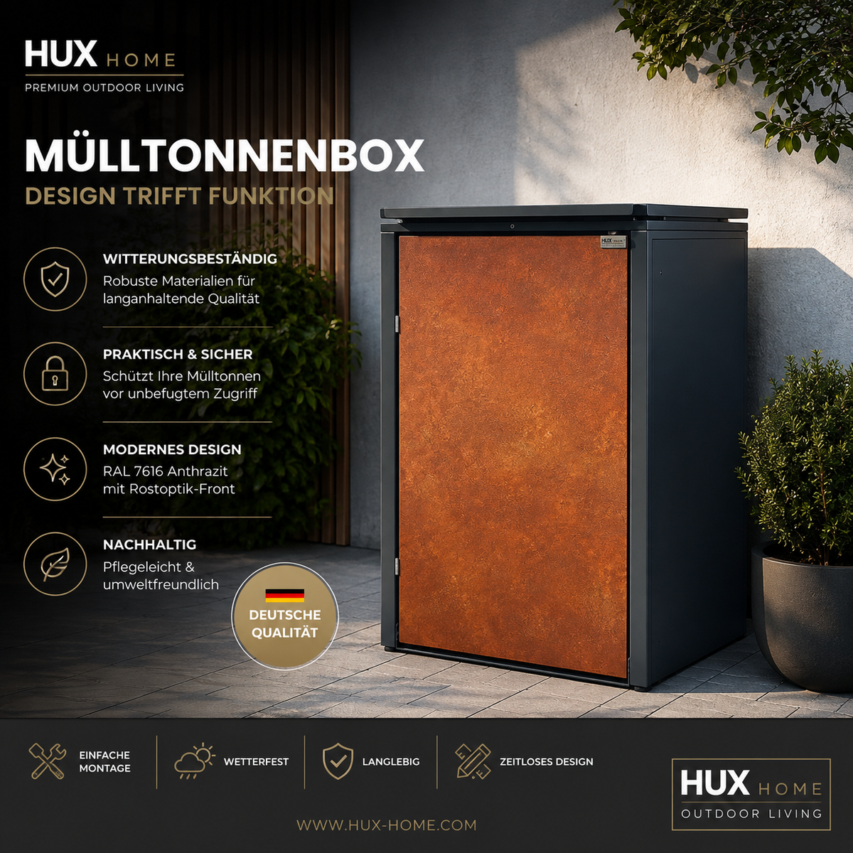 HUX-HOME Mülltonnenbox Design trifft Funktion – Moderne Mülltonnenverkleidung in Rostoptik und Anthrazit