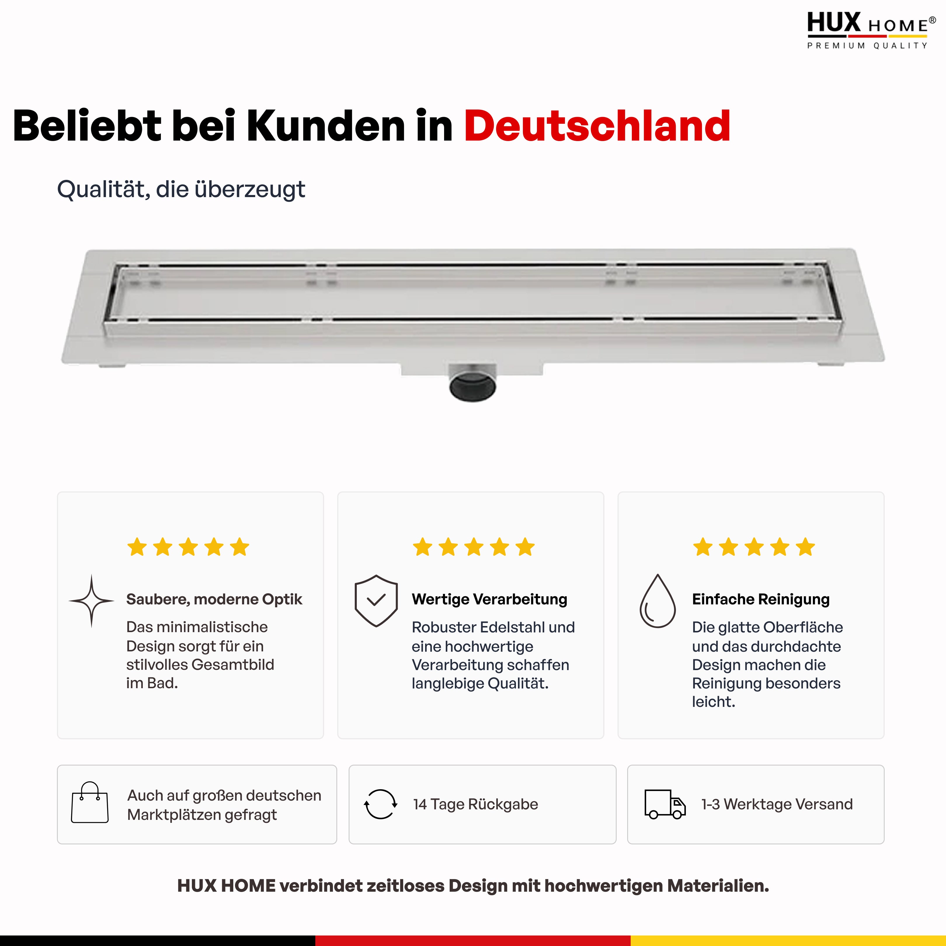 HUX-HOME® PREMIUM K Duschrinne befliesbar 60-120 cm aus Edelstahl nach DIN18534