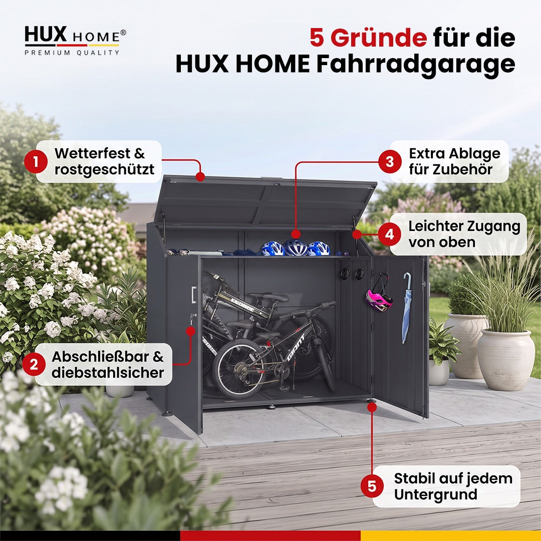 HUX-HOME® Fahrradgarage für bis zu 4 Fahrräder Premium Fahrradbox aus verzinktem Stahl | separater Stauraum | abschließbar | wettergeschützt