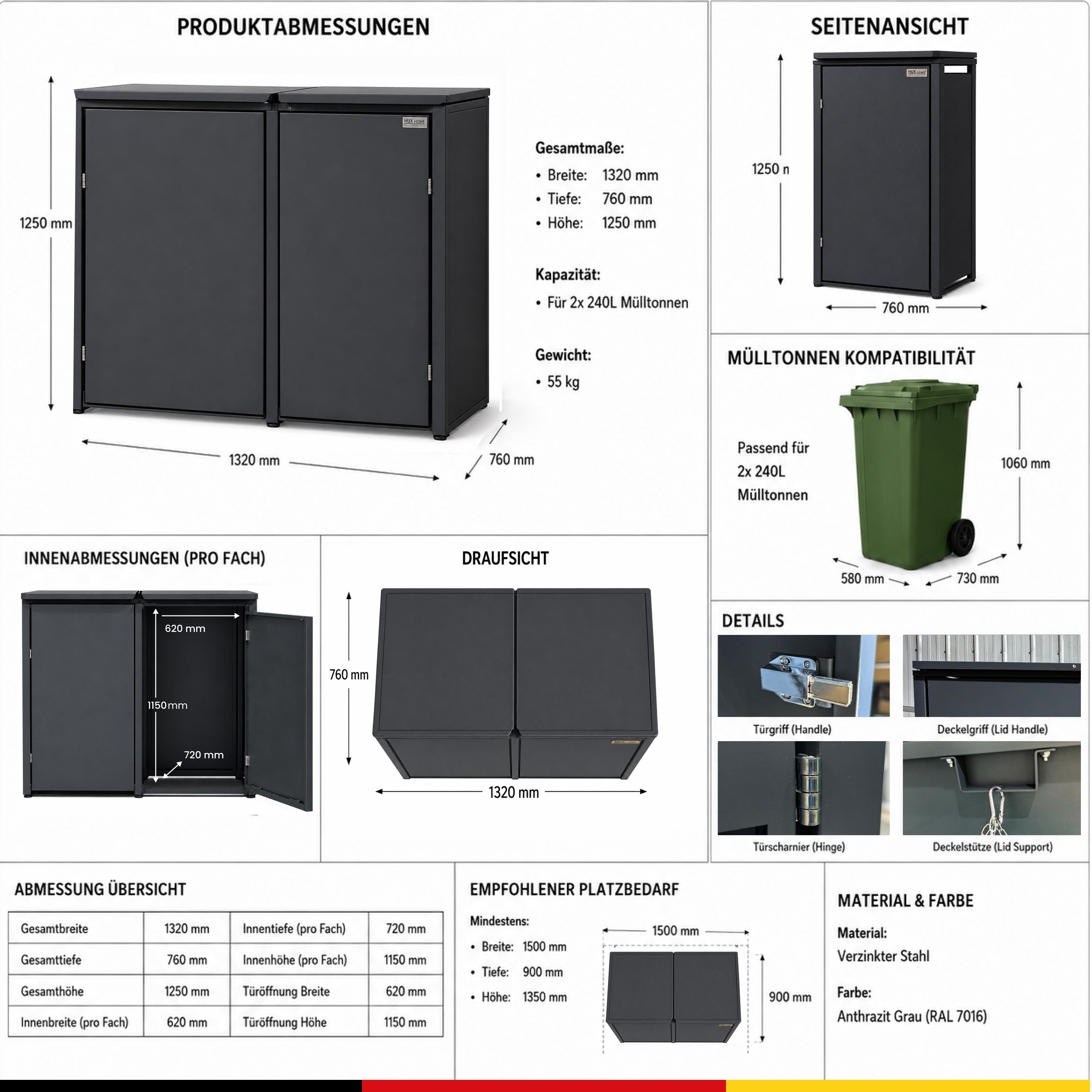 HUX-HOME® Berlin Mülltonnenbox / Mülltonnenverkleidung für 240L Tonnen