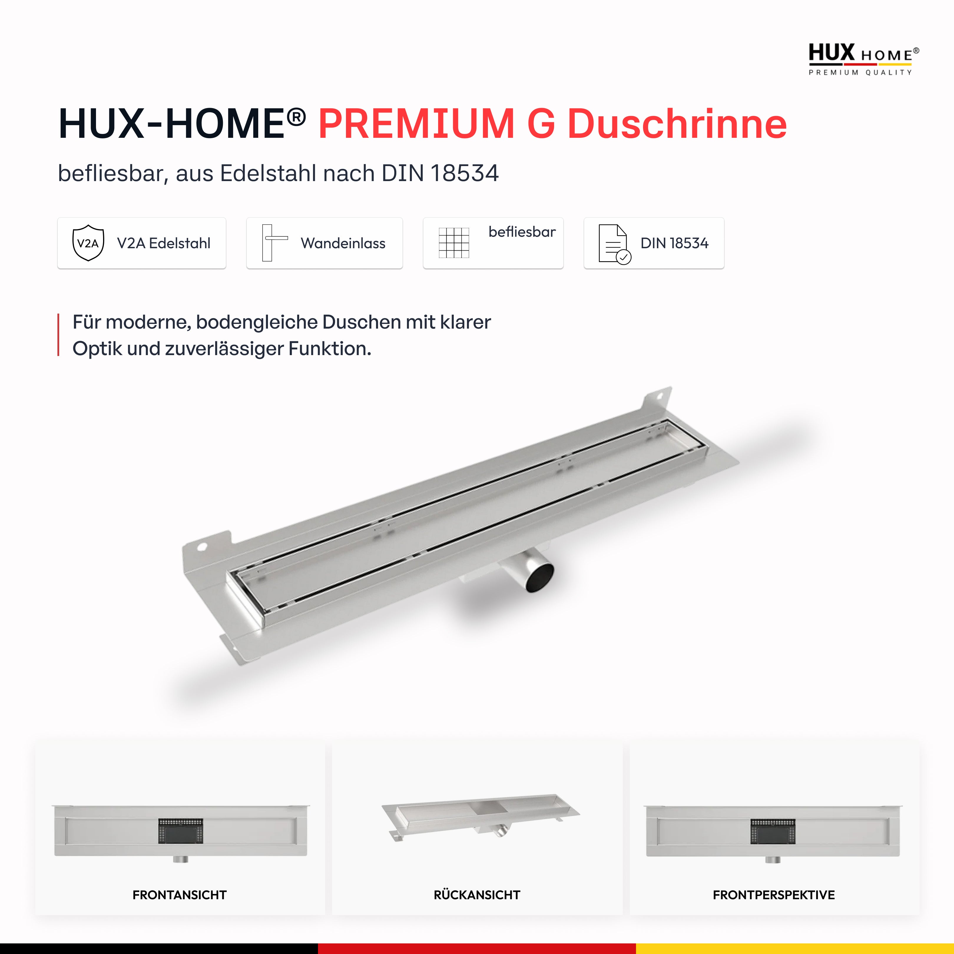 HUX-HOME® PREMIUM G Duschrinne befliesbar 60-120 cm aus Edelstahl nach DIN18534 Wandmontage
