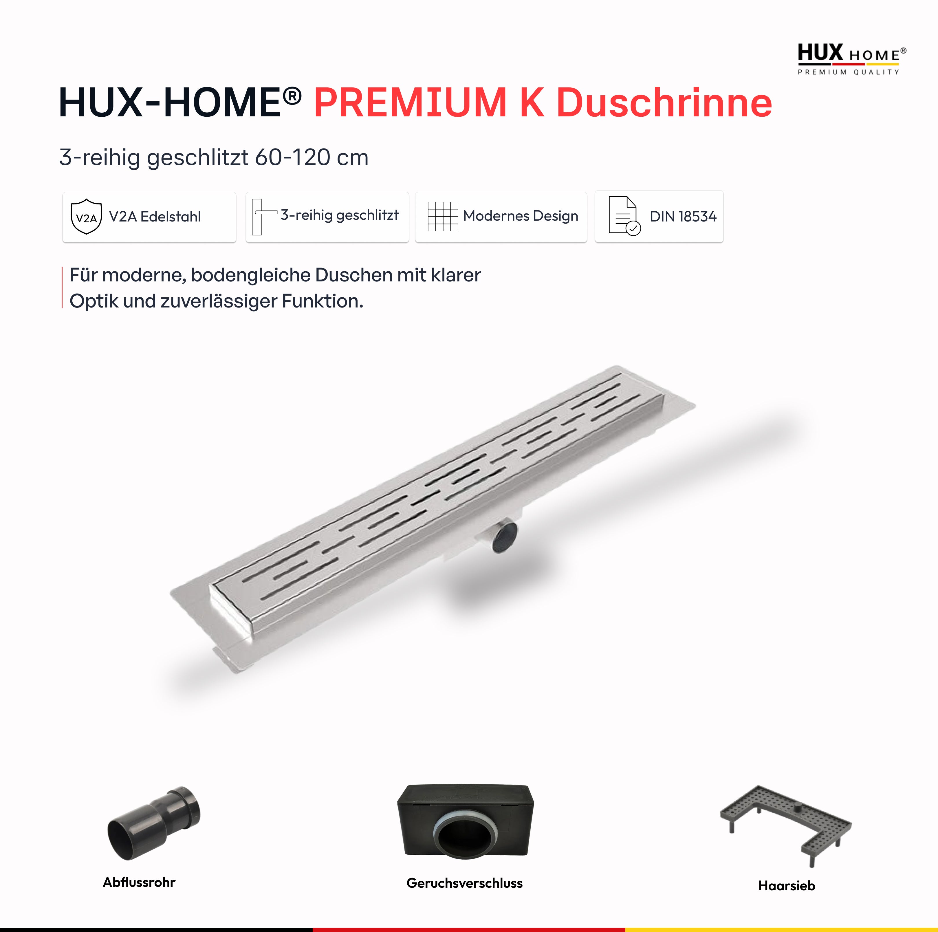 HUX-HOME® PREMIUM K shower channel, 3-row slotted, 60-120 cm, made of stainless steel according to DIN18534