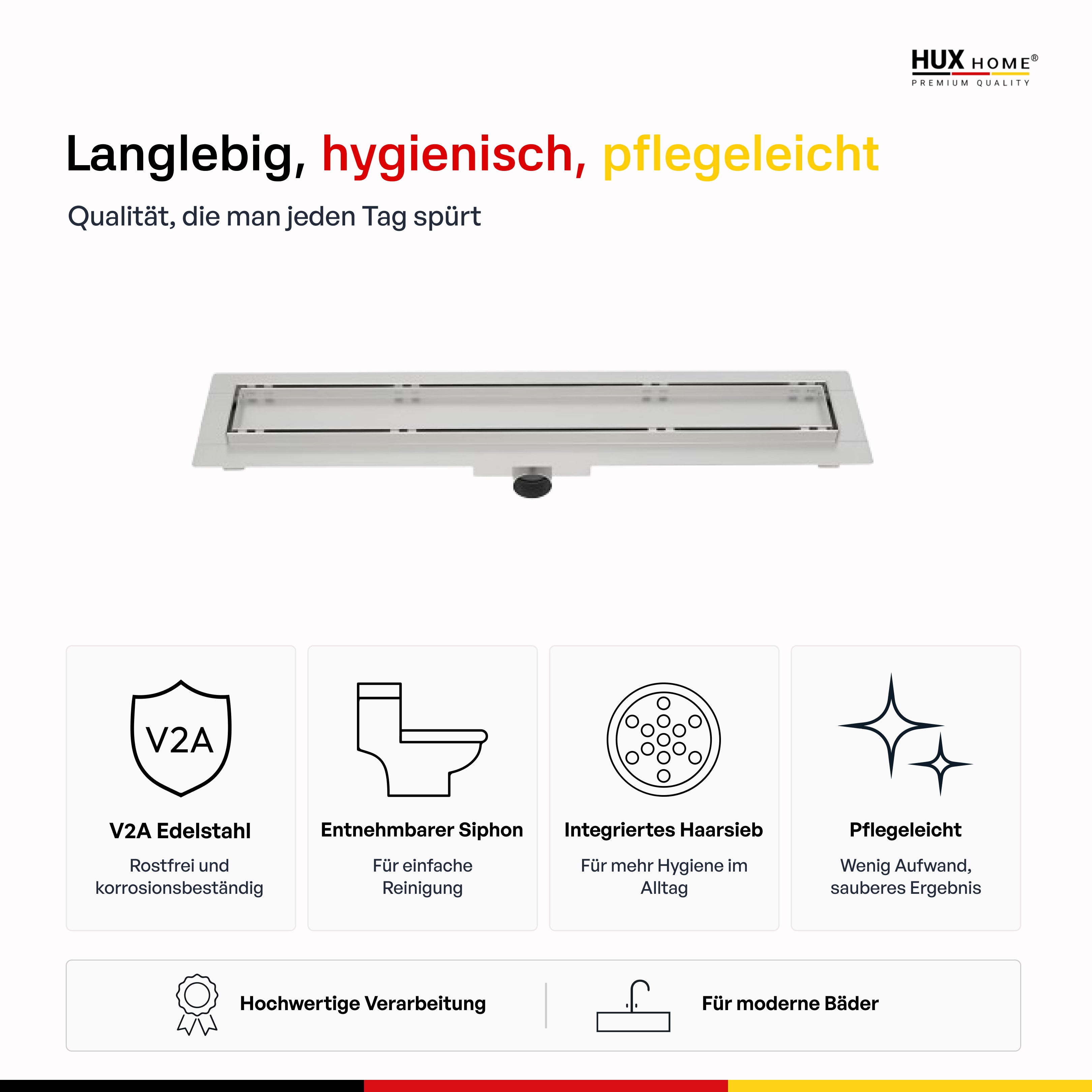 HUX-HOME® PREMIUM K tileable shower channel 60-120 cm made of stainless steel according to DIN18534