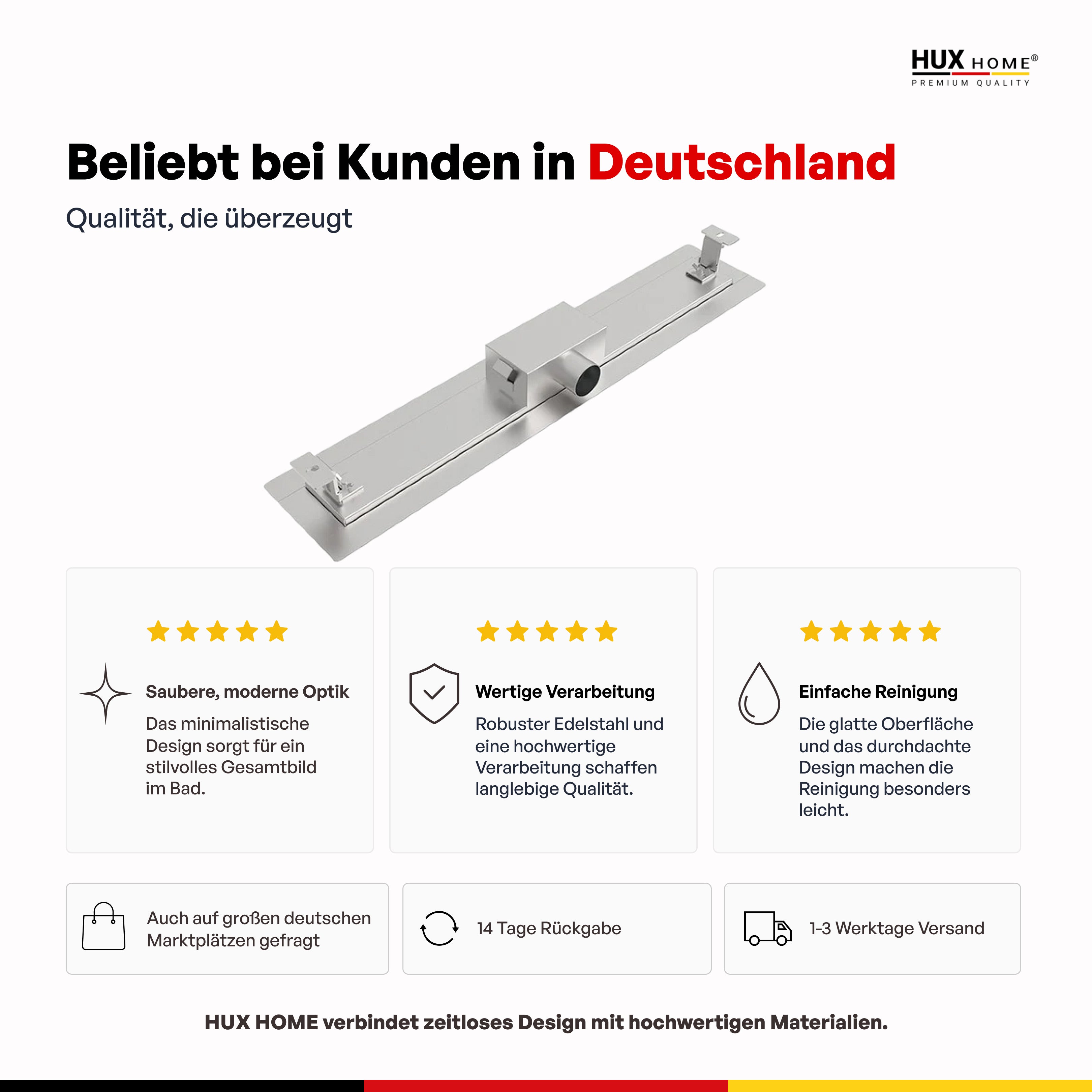 HUX-HOME® PREMIUM K tileable shower drain, 60-80 cm, made of stainless steel, wall-mounted, compliant with DIN18534
