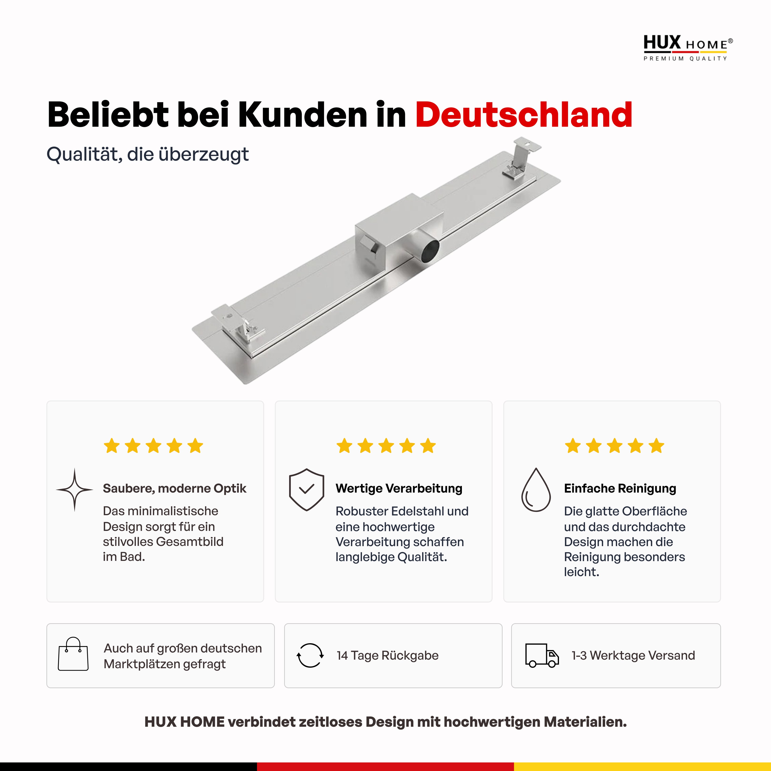 HUX-HOME® PREMIUM K tileable shower channel 60-120 cm made of stainless steel according to DIN18534