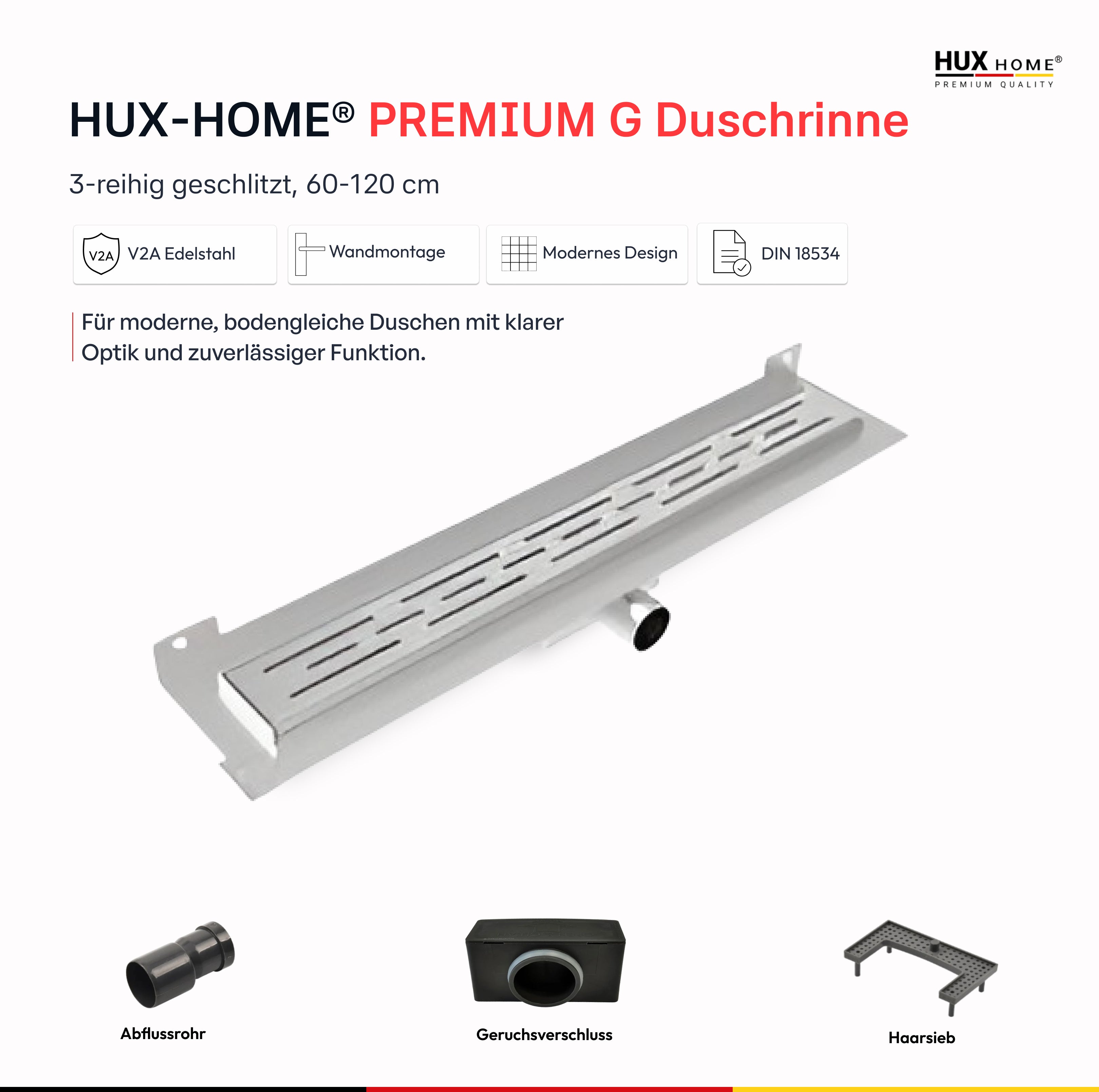 HUX-HOME® PREMIUM G Duschrinne griechisch 60-120 cm aus Edelstahl nach DIN18534 Wandmontage