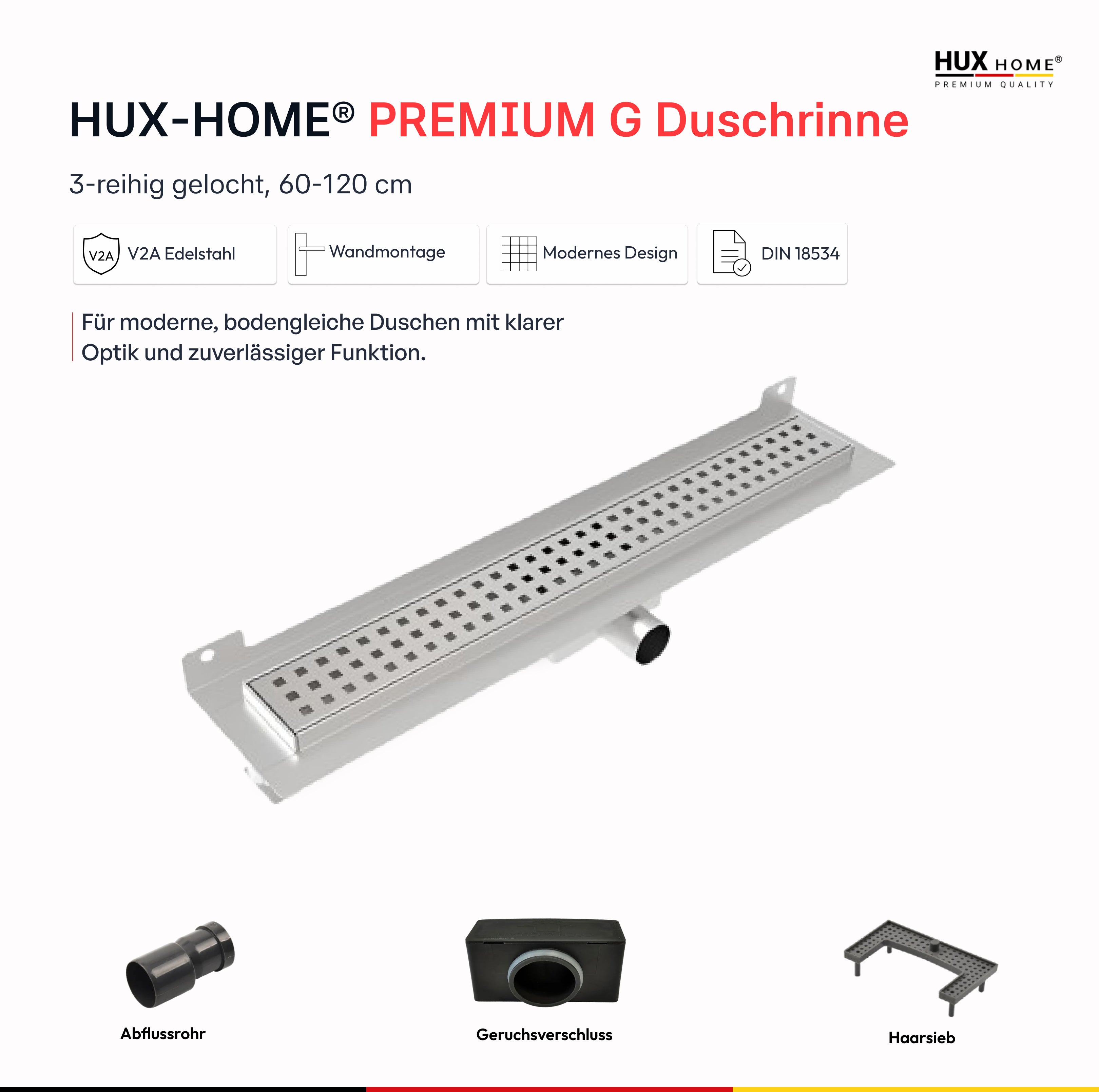 HUX-HOME® PREMIUM G Duschrinne 3-reihig gelocht 60-120 cm aus Edelstahl nach DIN18534