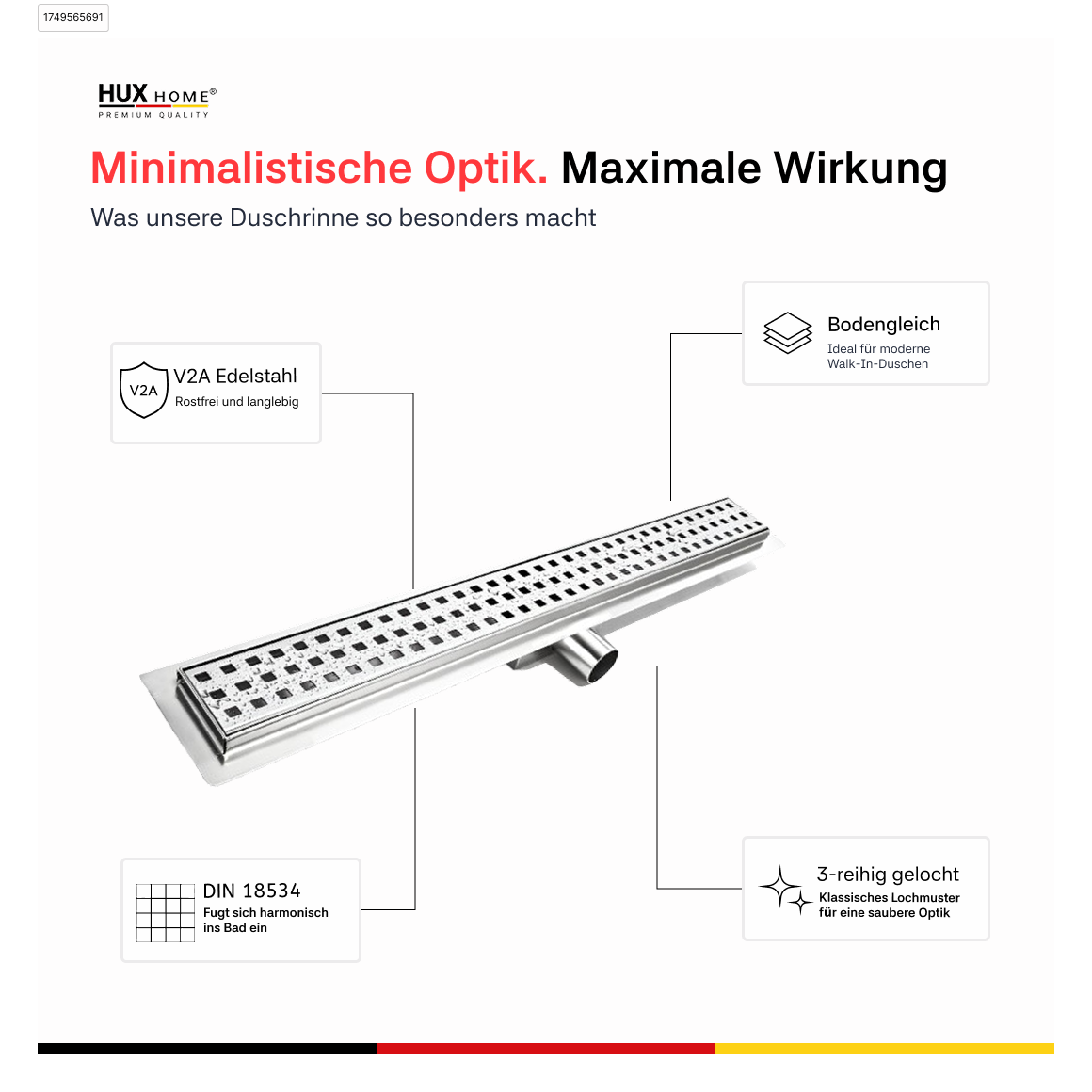 HUX-HOME® PREMIUM K shower channel, 3-row perforated, 60-120 cm, made of stainless steel according to DIN18534