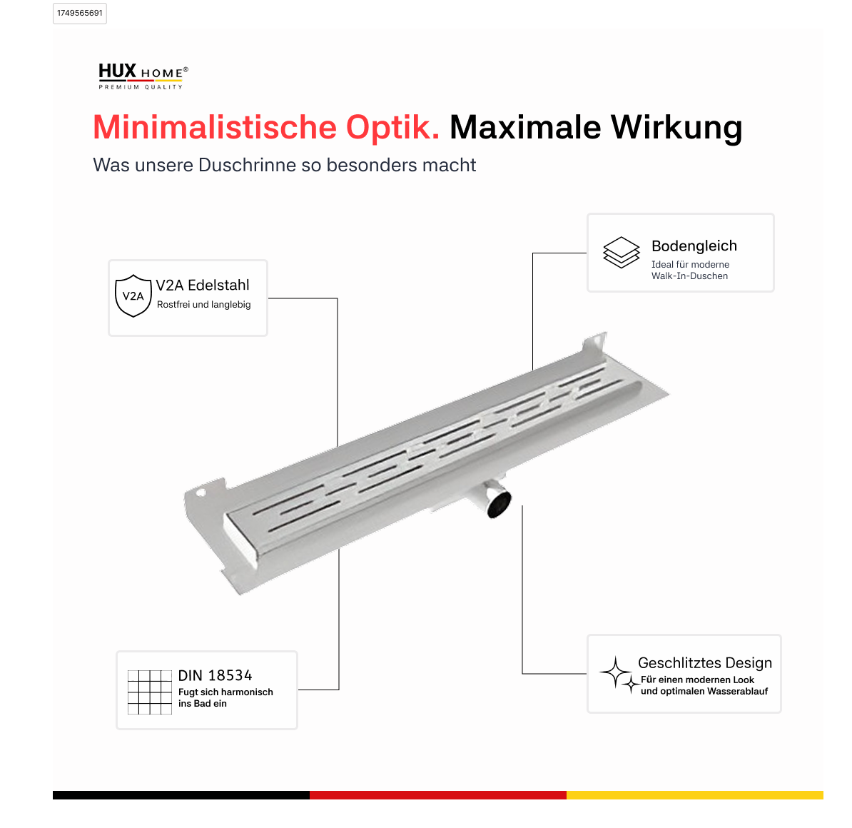 HUX-HOME® PREMIUM G Duschrinne griechisch 60-120 cm aus Edelstahl nach DIN18534 Wandmontage