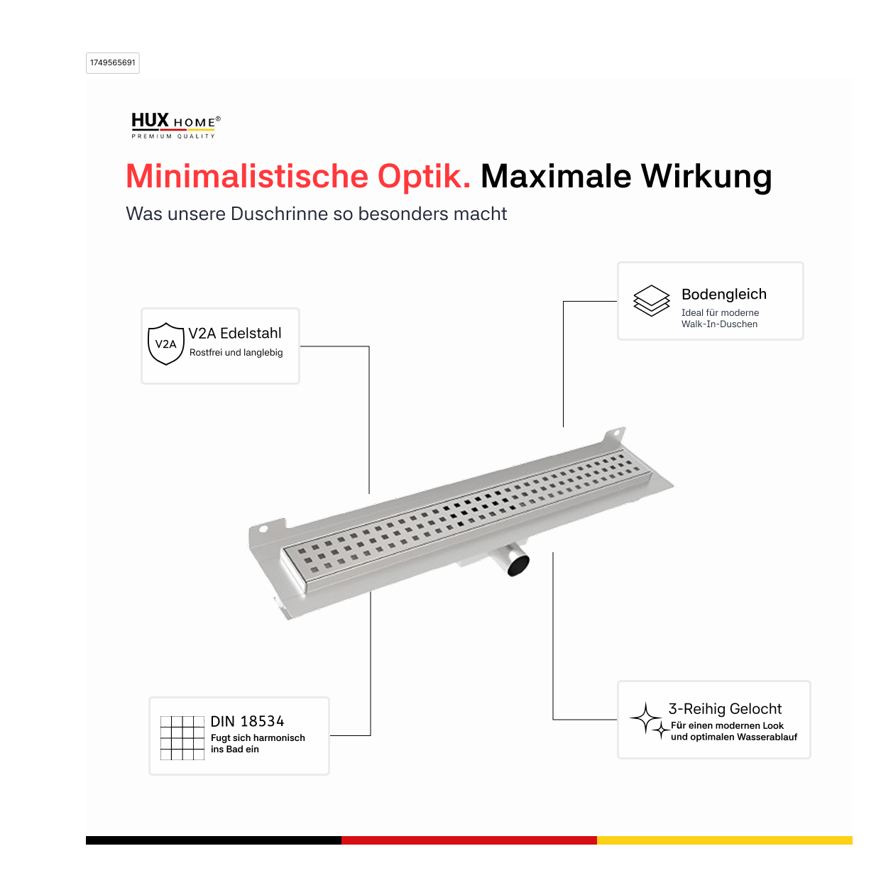 HUX-HOME® PREMIUM G Duschrinne 3-reihig gelocht 60-120 cm aus Edelstahl nach DIN18534