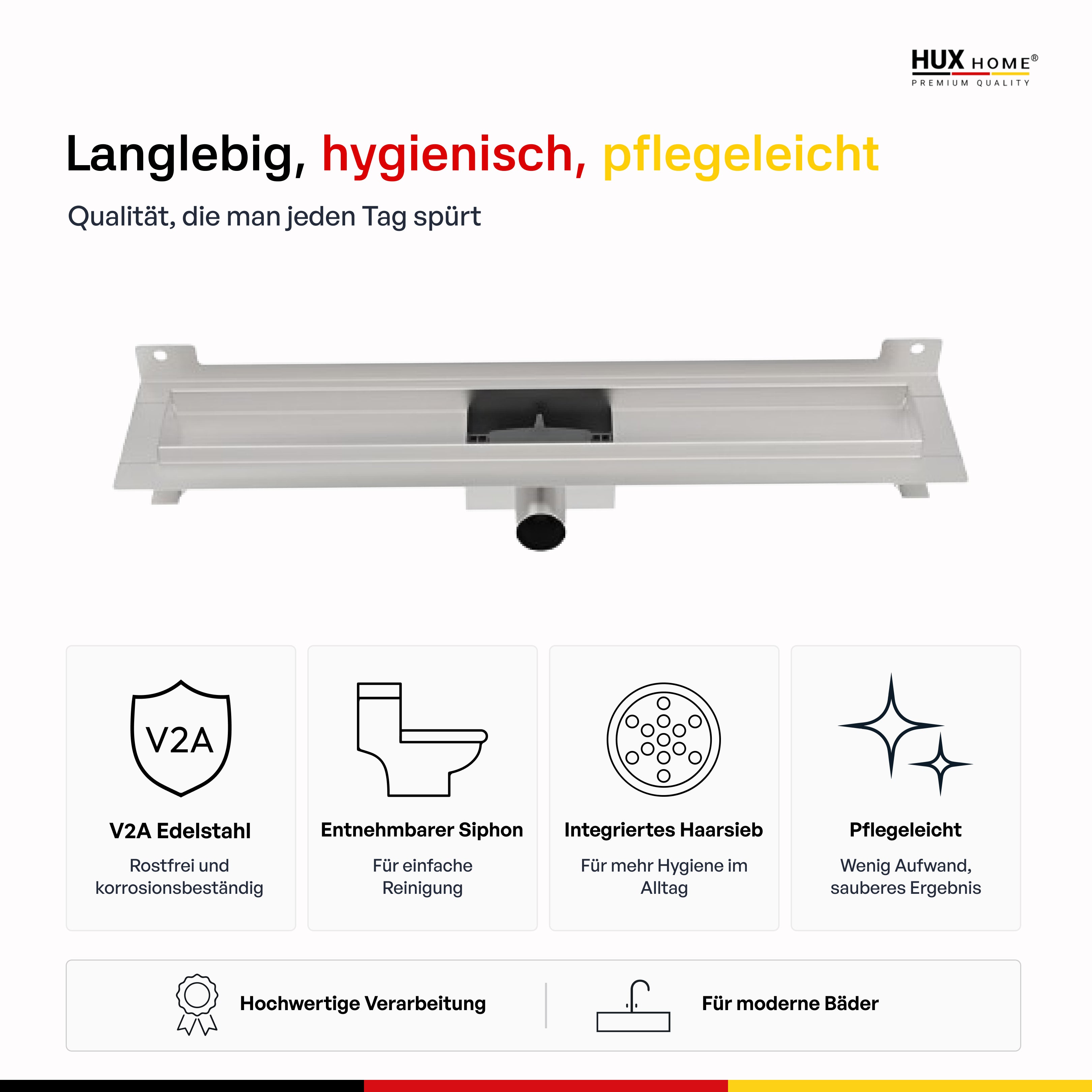 HUX-HOME® PREMIUM G Duschrinne griechisch 60-120 cm aus Edelstahl nach DIN18534 Wandmontage