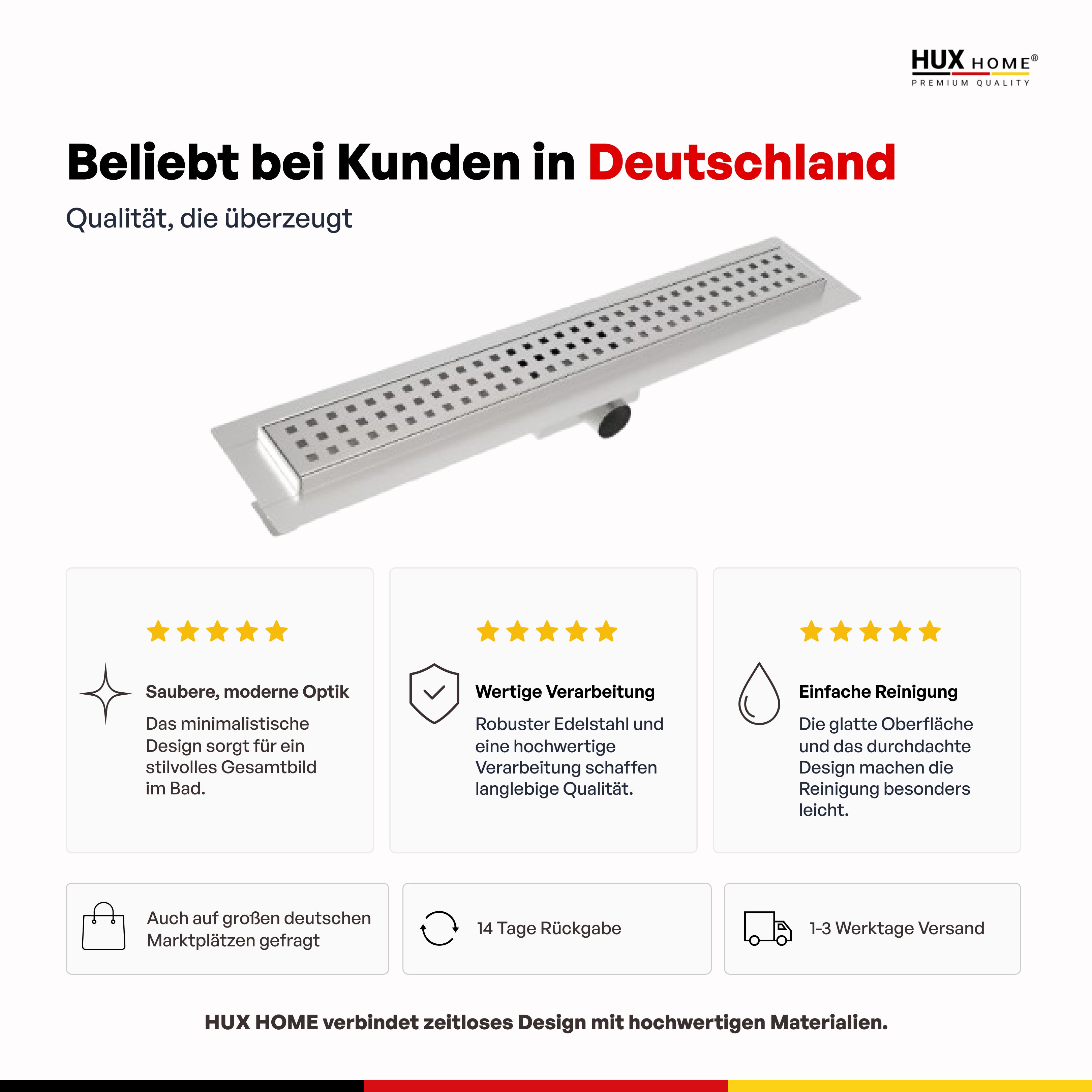 HUX-HOME® PREMIUM K shower channel, 3-row perforated, 60-120 cm, made of stainless steel according to DIN18534