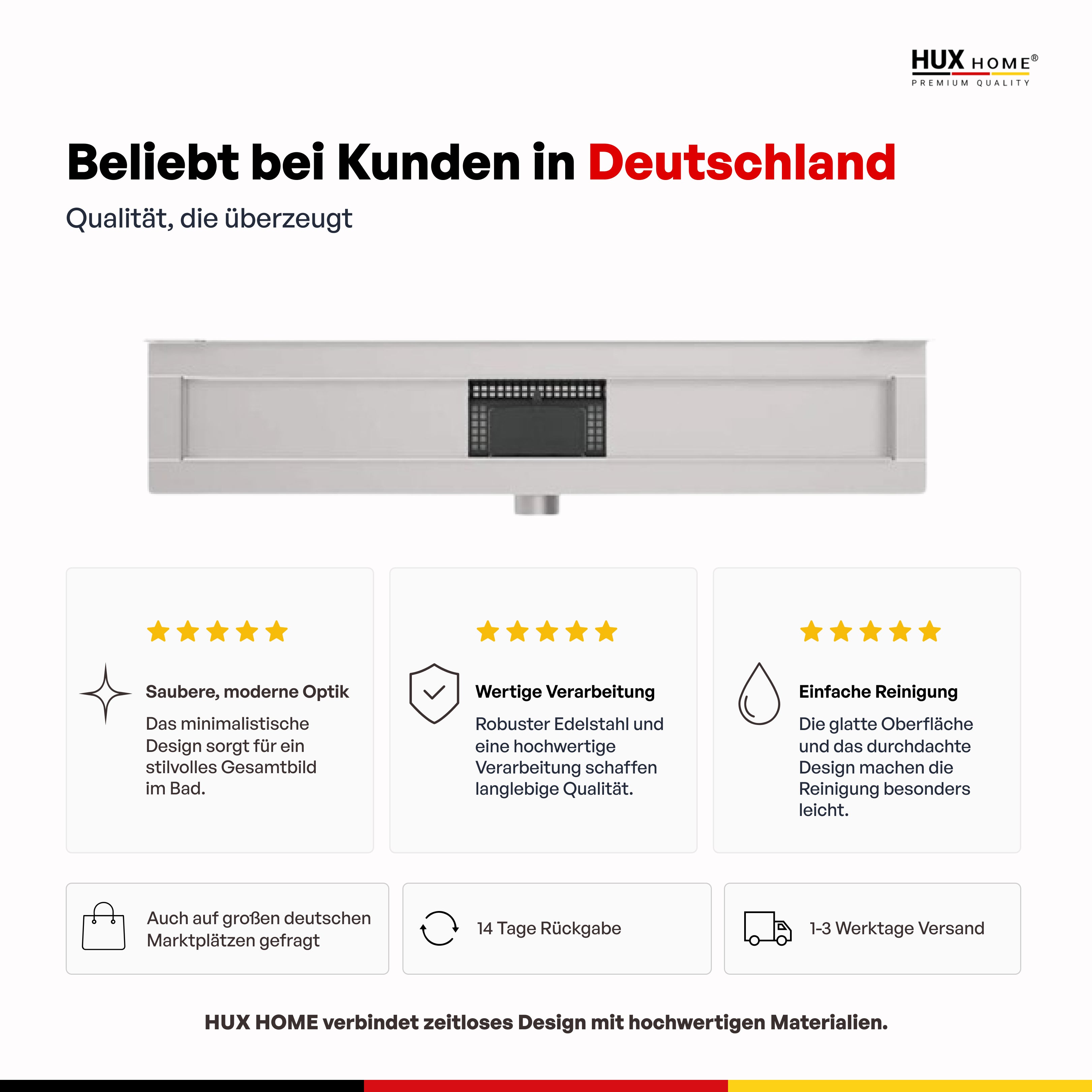 HUX-HOME® PREMIUM G Duschrinne griechisch 60-120 cm aus Edelstahl nach DIN18534 Wandmontage