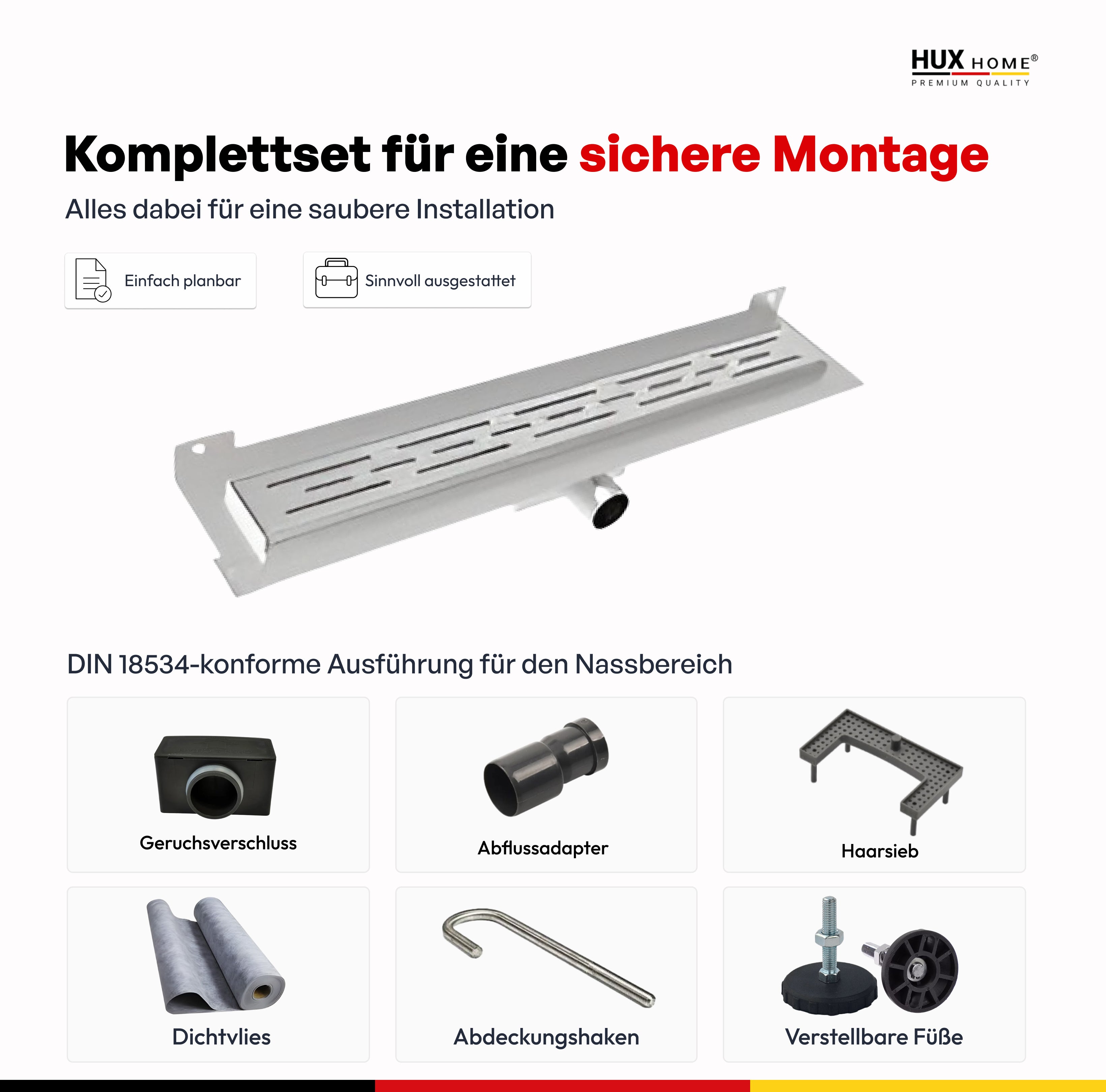 HUX-HOME® PREMIUM G Duschrinne griechisch 60-120 cm aus Edelstahl nach DIN18534 Wandmontage