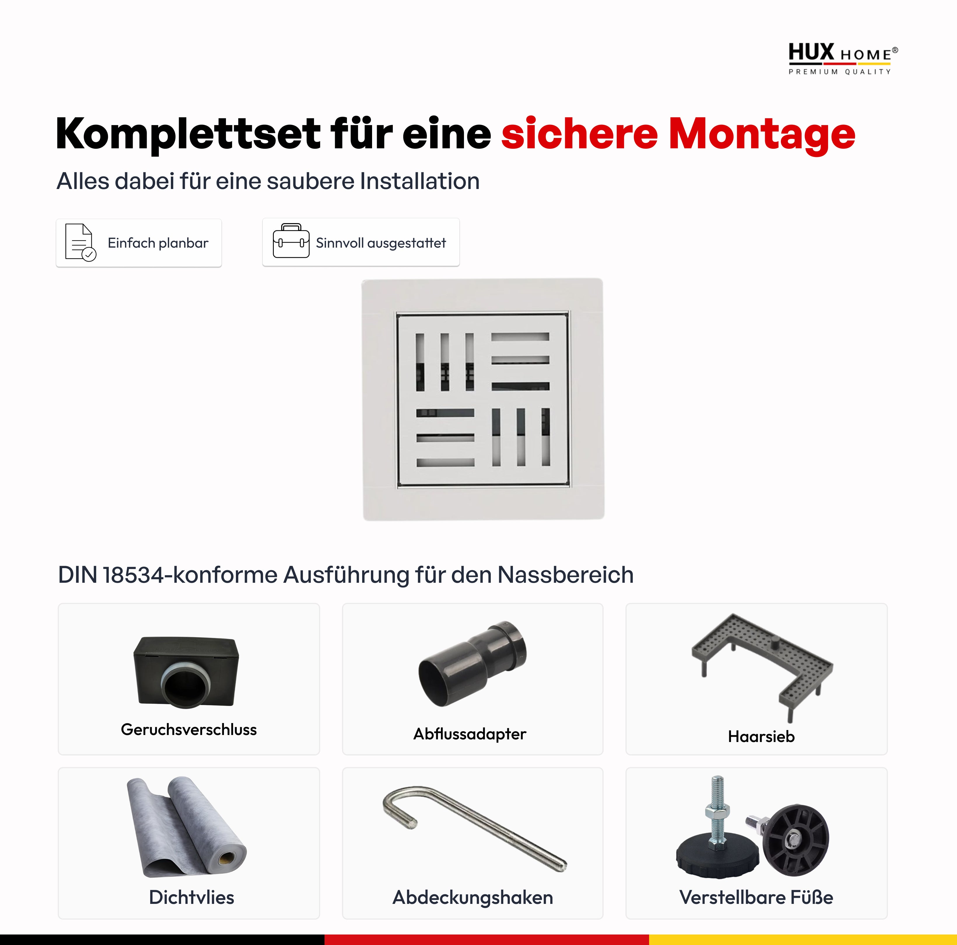 HUX-HOME® PREMIUM Q Duschrinne quadratisch 15 x 15 cm befliesbar / 3-reihig geschlitzt / 8-reihig gelocht aus Edelstahl nach DIN18534