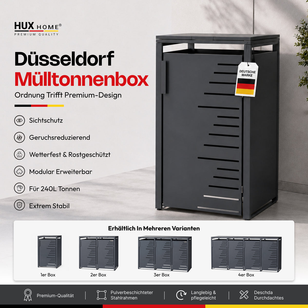 HUX-HOME® Köln V.1 Premium-Mülltonnenbox im exklusiven, minimalistischen Design | Mülltonnenverkleidung für 240-L-Tonnen