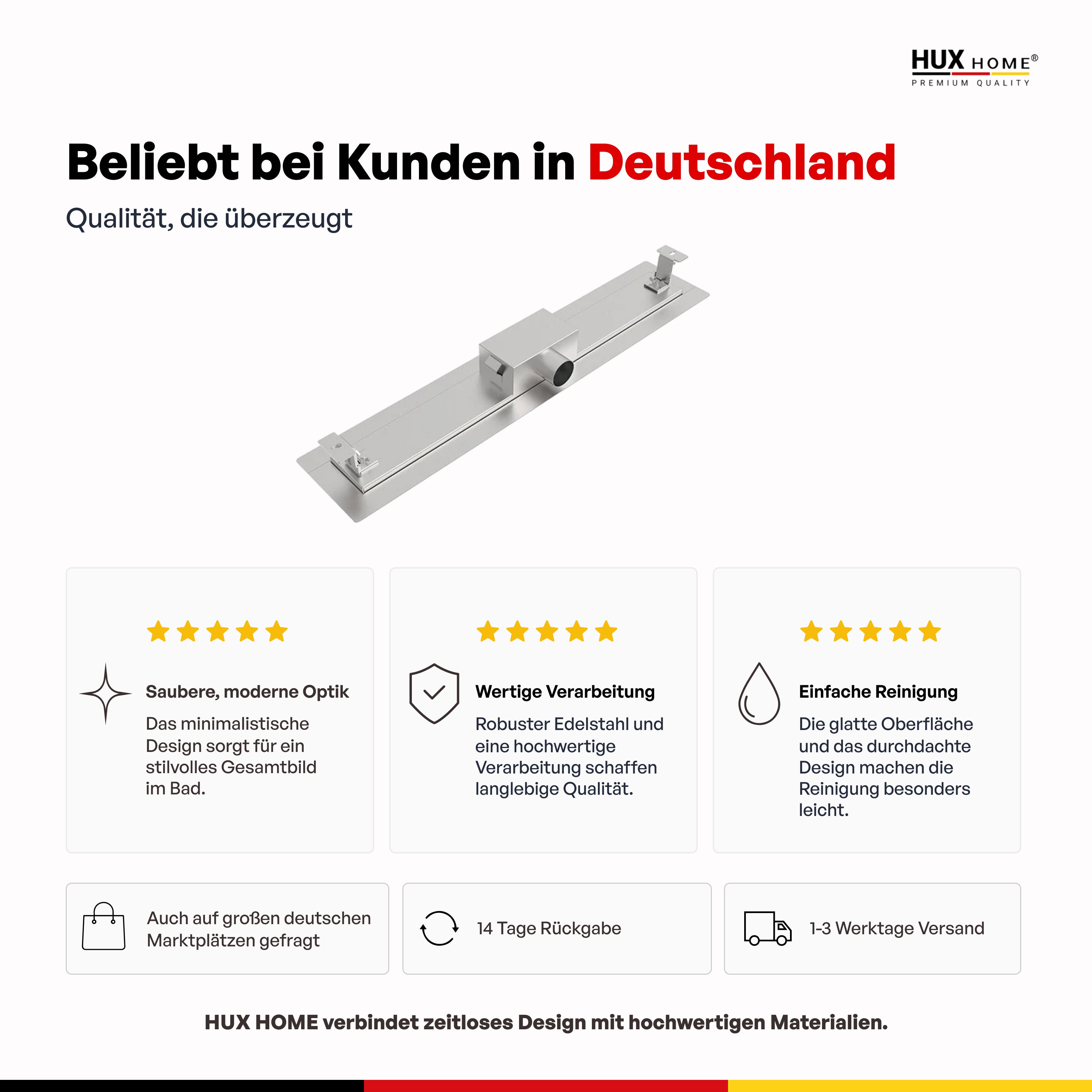 HUX-HOME® PREMIUM K Duschrinne welle 60-120 cm aus Edelstahl nach DIN18534