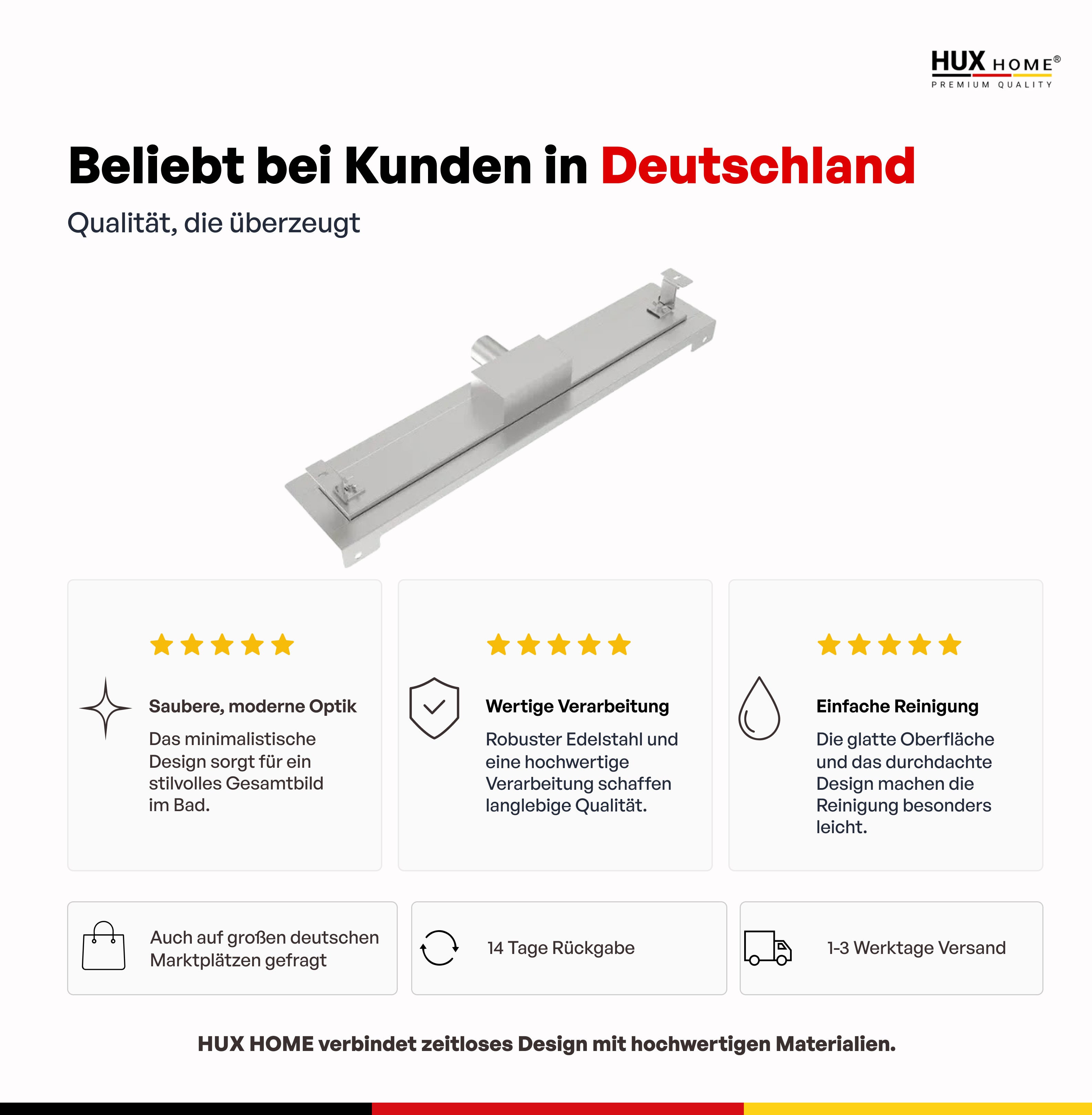 HUX-HOME® PREMIUM G Duschrinne befliesbar 60-120 cm aus Edelstahl nach DIN18534 Wandmontage