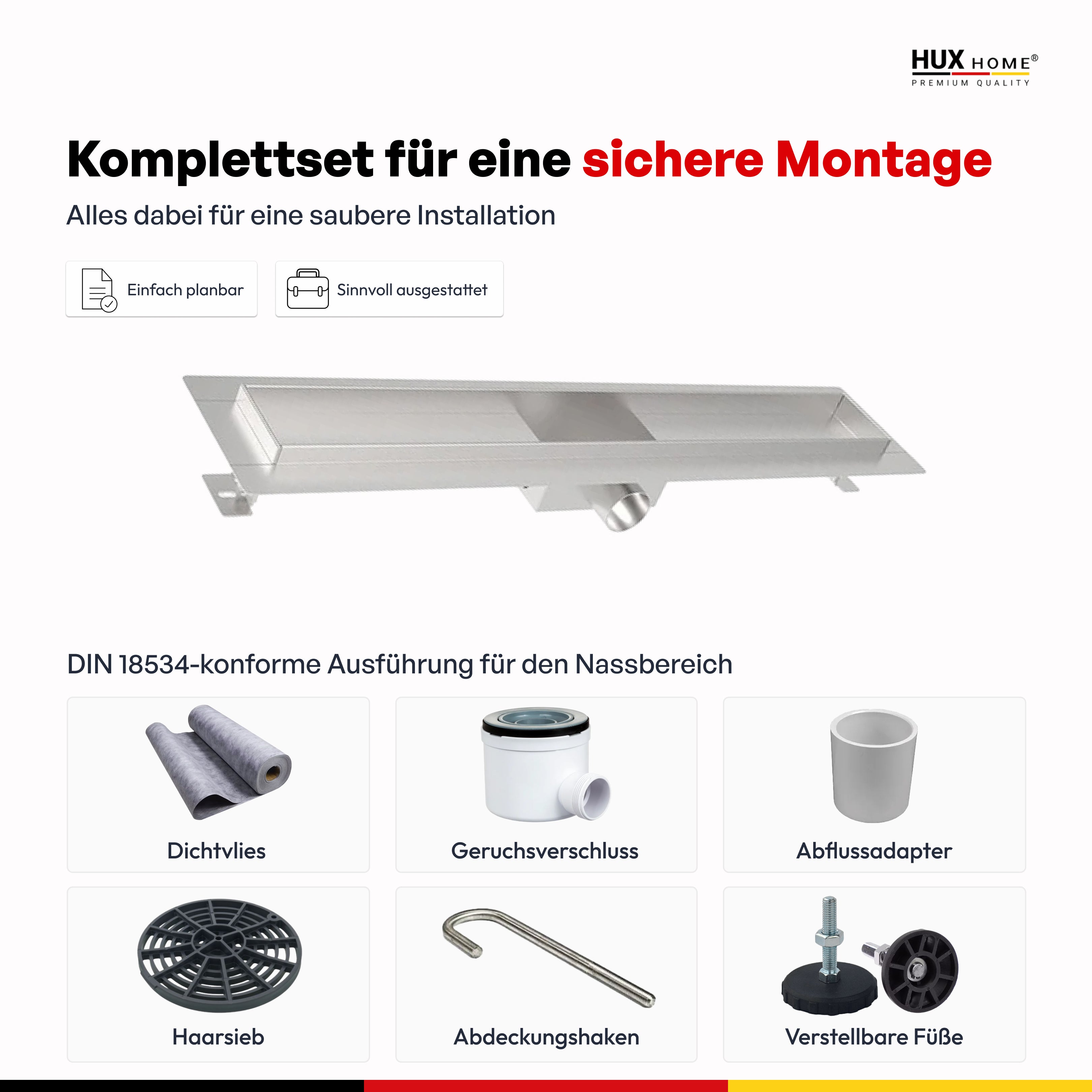 HUX-HOME® PREMIUM K Duschrinne welle 60-120 cm aus Edelstahl nach DIN18534