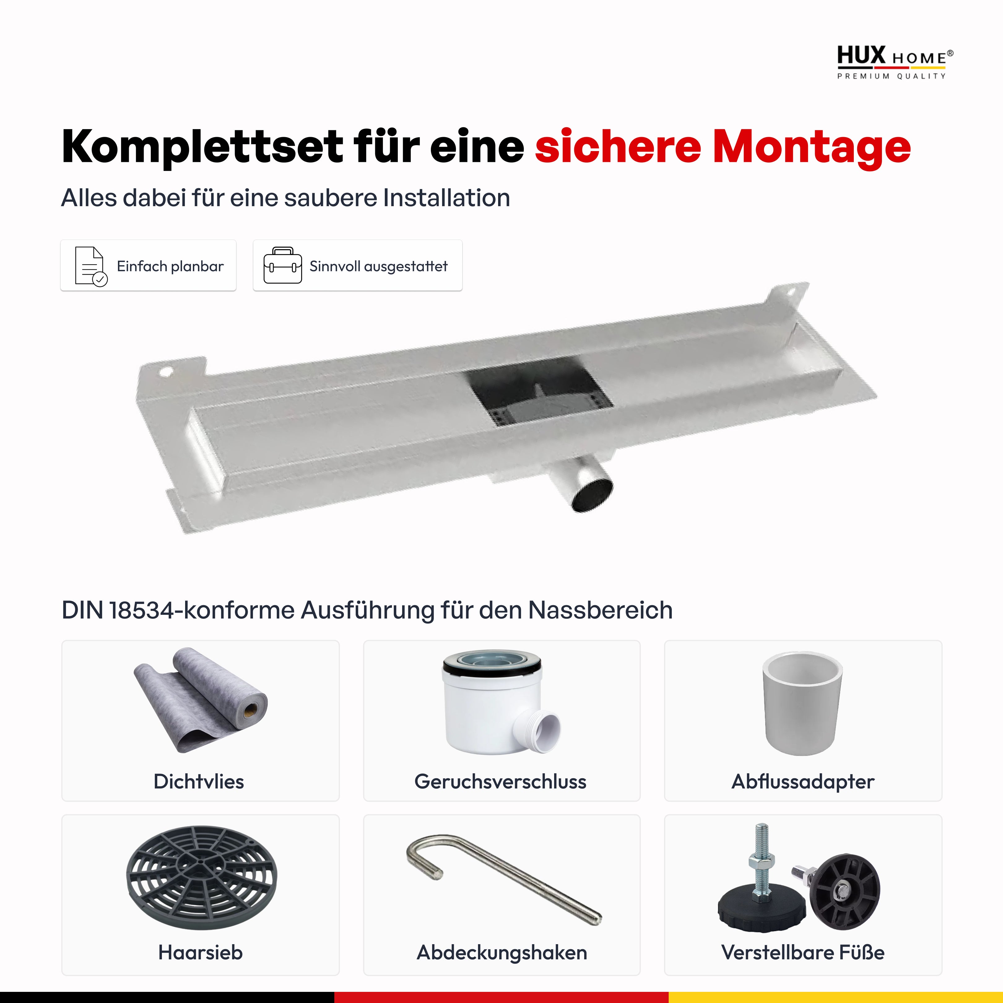 HUX-HOME® PREMIUM G Duschrinne befliesbar 60-120 cm aus Edelstahl nach DIN18534 Wandmontage
