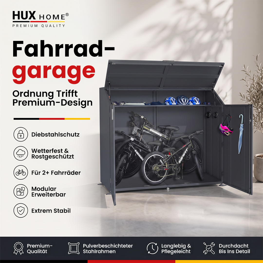 HUX-HOME® Fahrradgarage für bis zu 4 Fahrräder  Premium Fahrradbox aus verzinktem Stahl | separater Stauraum | abschließbar | wettergeschützt