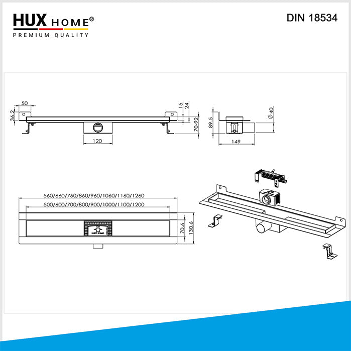 Technische Zeichnung der HUX HOME Duschrinne Skizze DIN 18534, befliesbar, bodengleich, 60 cm, 70 cm, 80 cm, 90 cm, 100 cm, 110 cm, 120 cm, 7 cm Breite, 40 mm Rohr, 35 l/min, Duschrinne, Premium Qualität, HUX Home