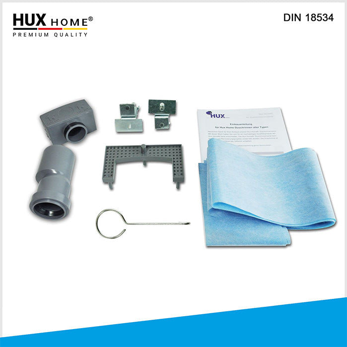 Zubehör, HUX HOME, Duschrinne, Abflussadapter, Dichtvlies, Haarsieb, Montageset, Reinigungswerkzeug und Anleitung