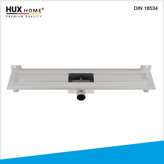 Basis Duschrinnen montage, HUX HOME Duschrinne, Edelstahl, Duschrinne,  wandnahe Montage, DIN 18534,   60 cm, 70 cm, 80 cm, 90 cm, 100 cm, 120 cm