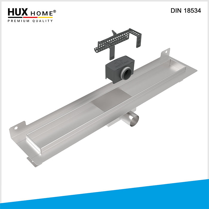 Basis Duschrinnen montage, HUX HOME Duschrinne, Edelstahl, Duschrinne,  wandnahe Montage, DIN 18534,   60 cm, 70 cm, 80 cm, 90 cm, 100 cm, 120 cm