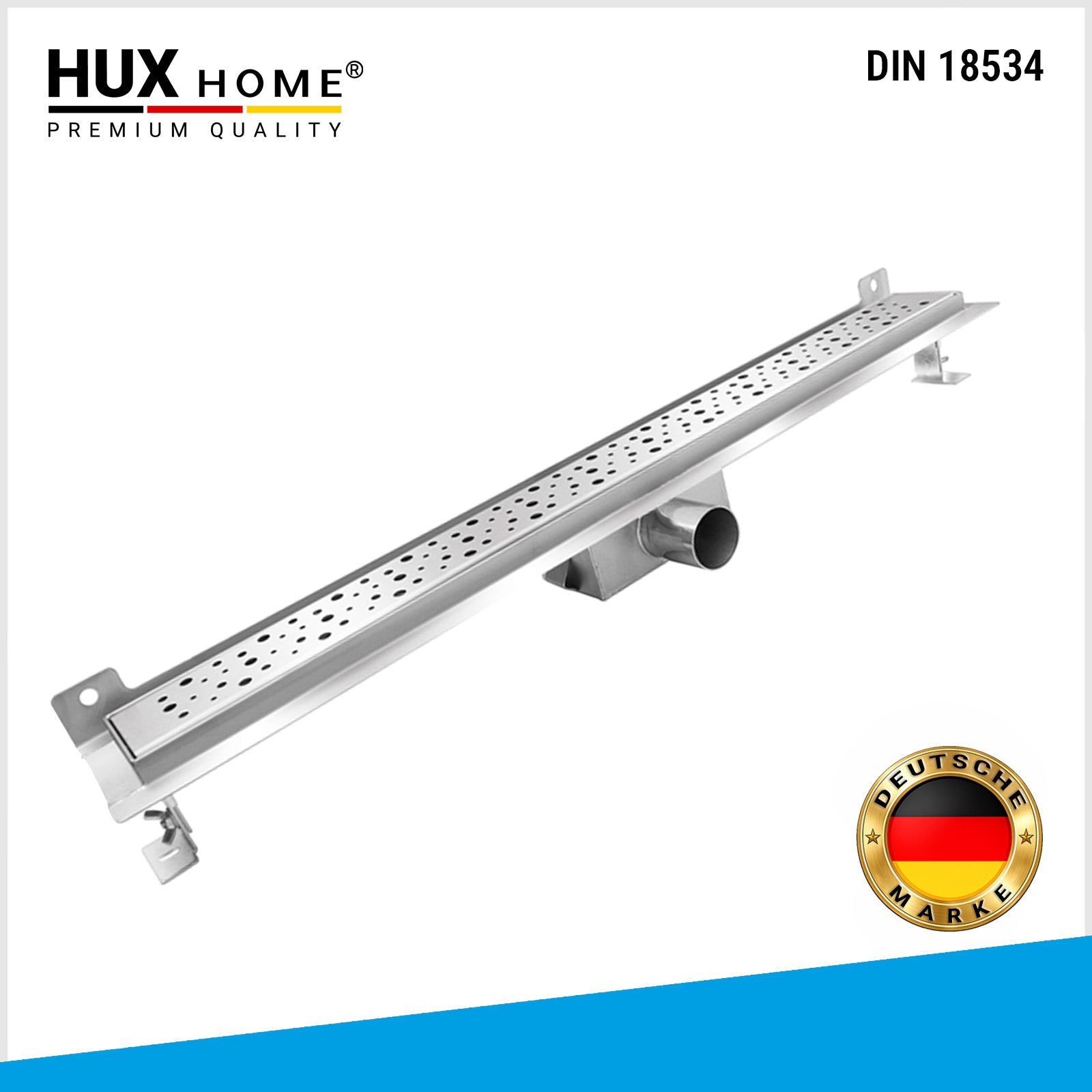 Edelstahl, Edelstahl V2A, rostfrei, gebürstet, DIN 18534, Fliesenflansch, wandnah, bodengleich, Duschrinne, befliesbar, höhenverstellbar, höhenverstellbare Füße, 60 cm, 70 cm, 80 cm, 90 cm, 100 cm, 110 cm, 120 cm, 64 cm, 66 cm, 124 cm, 126 cm, 7 cm Breite, 11 cm Breite, 13 cm Breite, 5,7 cm, 13 cm, 6,7 cm, 40 mm Rohr, 35 l/min, 2,06 kg, einfache Montage, stabile Konstruktion, Premium Qualität, HUX HOME