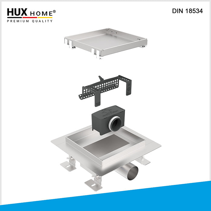 HUX HOME® PREMIUM Duschrinne aus Edelstahl V2A mit befliesbar Abdeckung, Ansicht von oben DIN 18534 konform Model Q