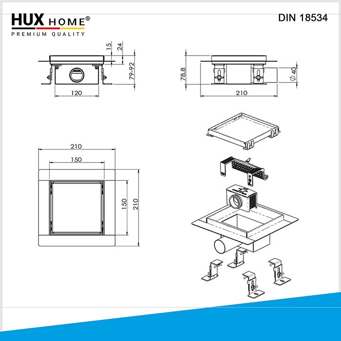Skizze HUX HOME® PREMIUM Duschrinne aus Edelstahl V2A mit befliesbar Abdeckung,  DIN 18534 konform Model Q