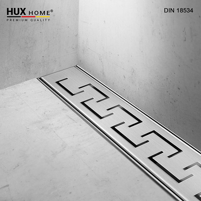 MODEL_G_Duschrinne Edelstahl griechisch, HUX HOME Duschrinne, Duschrinnen Designabdeckung, Duschablauf mit Muster, Duschrinne griechisches Motiv, Edelstahlabdeckung griechisch, Design Duschrinne, Abflussrinne Dusche, HUX HOME Abdeckung griechisch, Duschrinne 60cm, 70 cm, 80 cm, 90 cm, 100 120cm, Duschrinnen Komplettset, wandnahe Duschrinne, Duschrinne befliesbar, Siphon mit Geruchsverschluss, DIN 18534 konform, Haarsieb, verstellbare Füße Duschrinne, Abflussadapter Dusche, modernes Bad, flache Dusche