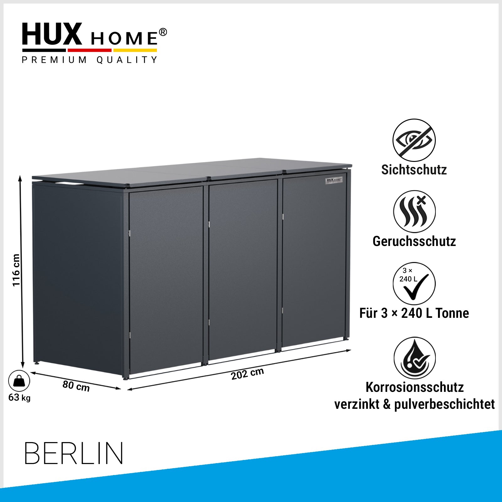 HUX-HOME® Berlin Mülltonnenbox / Mülltonnenverkleidung für 3 x 240L Tonnen