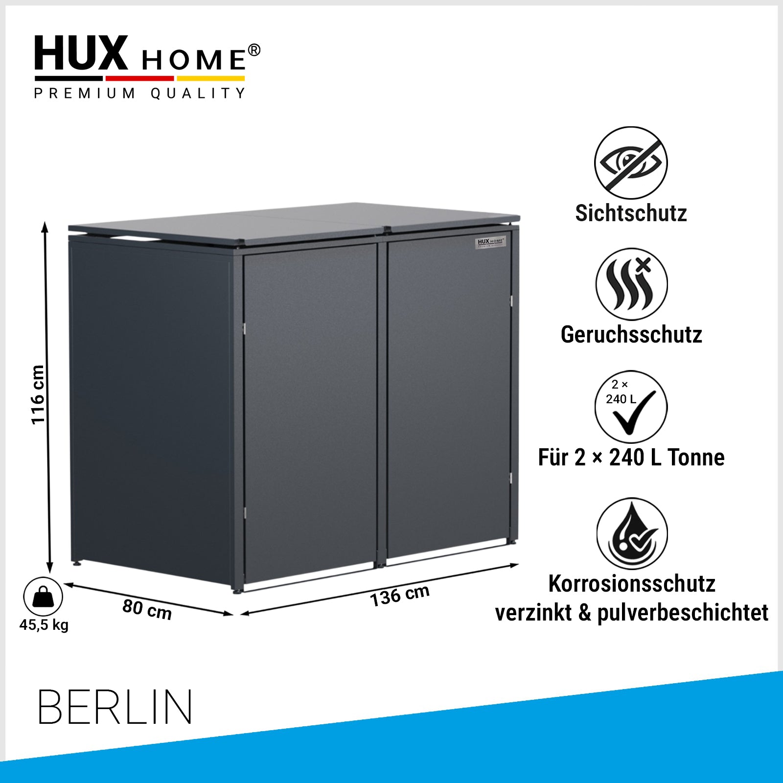 HUX-HOME® Berlin Mülltonnenbox / Mülltonnenverkleidung für 2 x 240L Tonnen