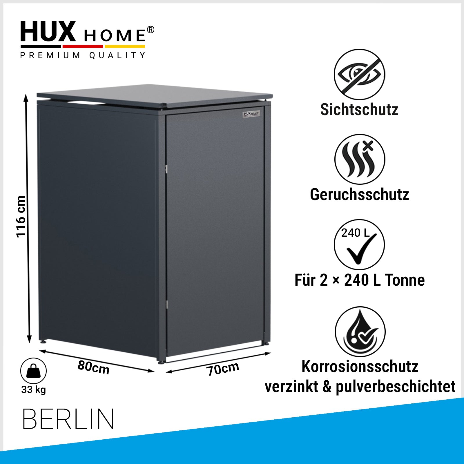 HUX-HOME® Berlin Mülltonnenbox / Mülltonnenverkleidung für 1 x 240L Tonne