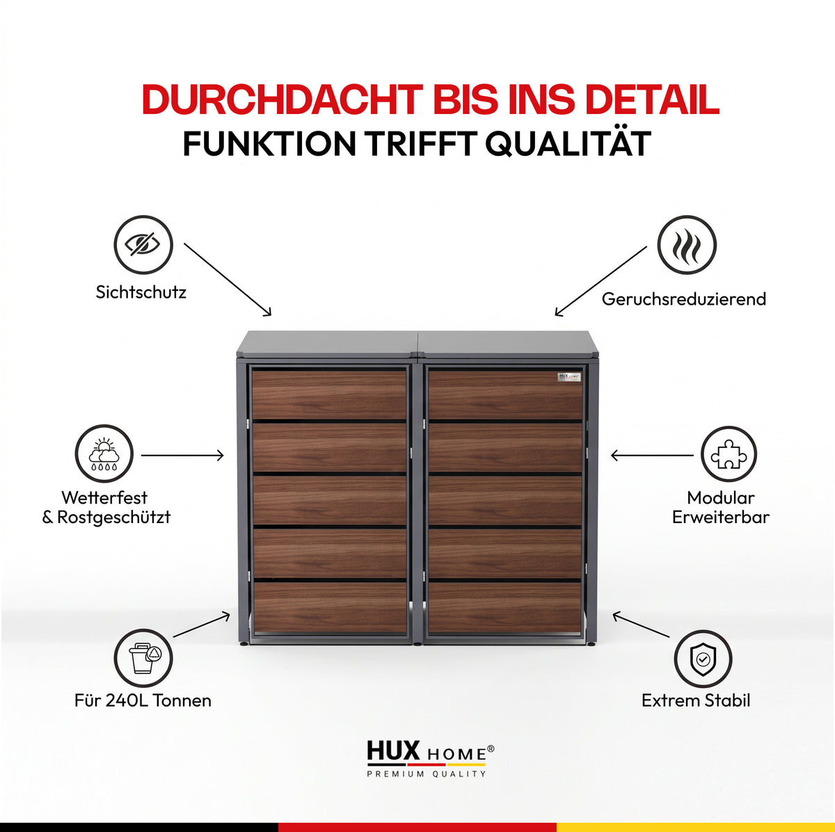 HUX-HOME® Potsdam Holzoptik Mülltonnenbox / Mülltonnenverkleidung für 240L Tonnen