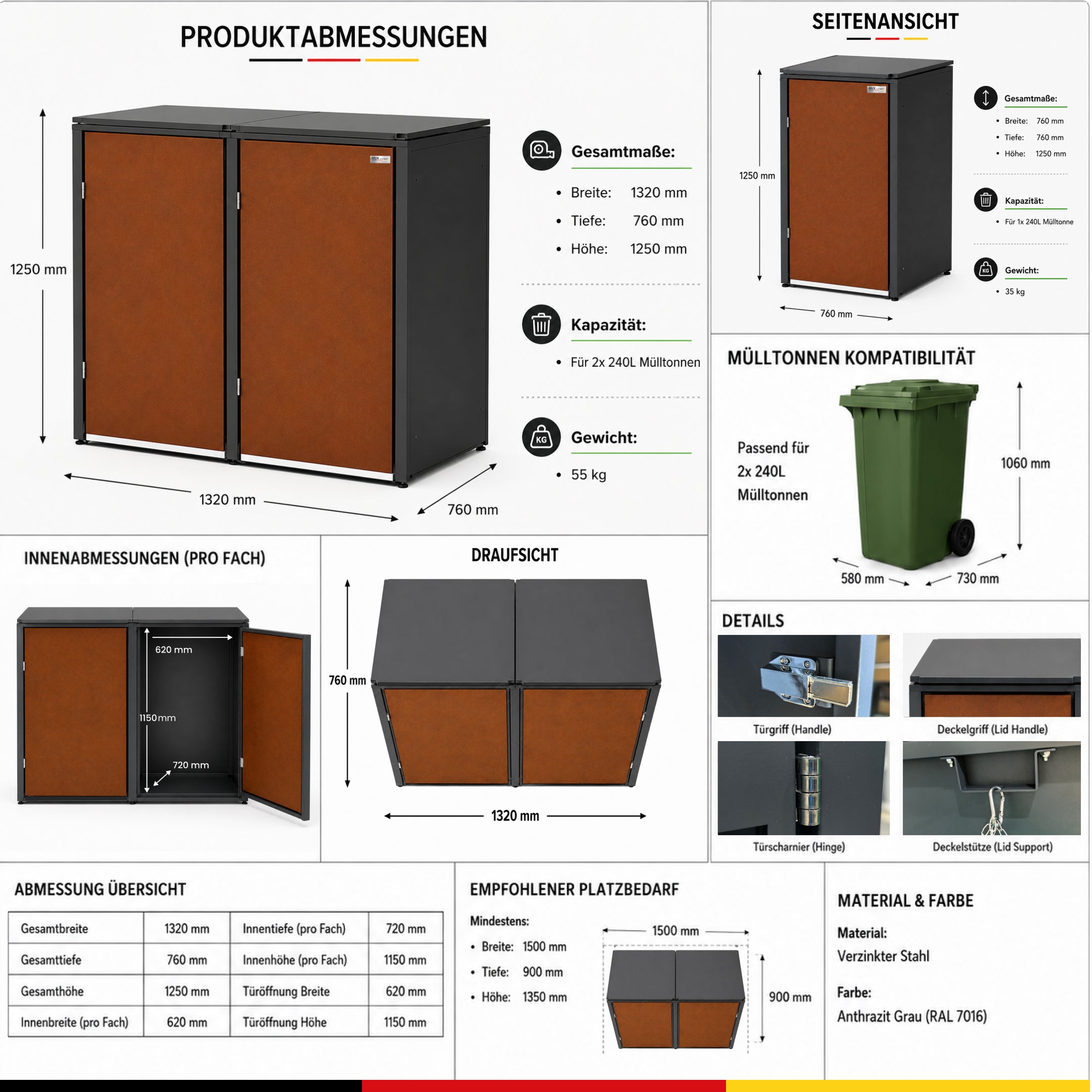 HUX-HOME®  Hamburg Mülltonnenbox / Mülltonnenverkleidung für 240L Tonnen