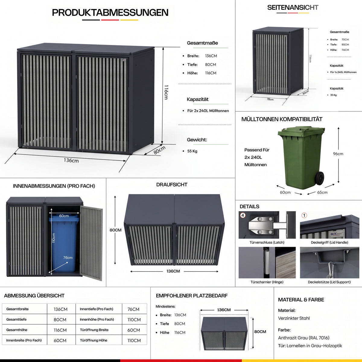 HUX-HOME®  Bremen Mülltonnenbox / Mülltonnenverkleidung für 240L Tonnen