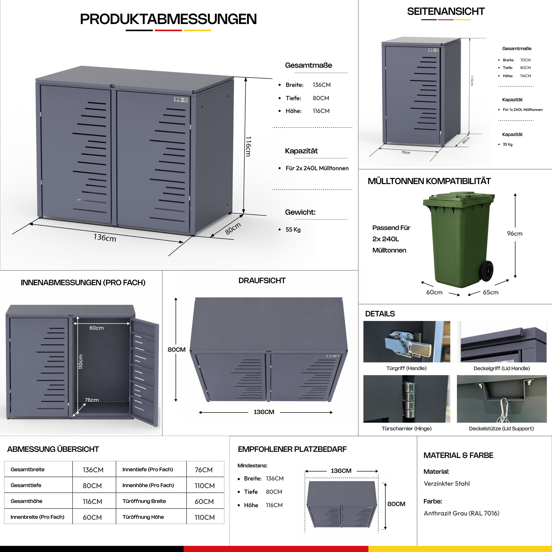 HUX-HOME® Köln wheelie bin box / wheelie bin enclosure for 240 L bins V.2