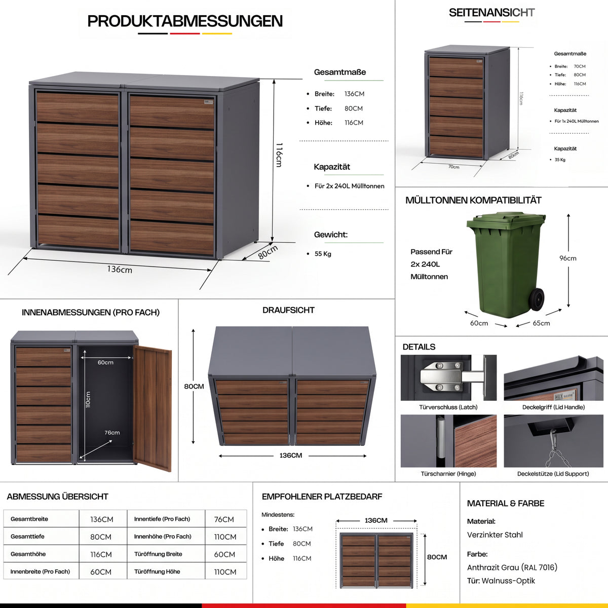 HUX-HOME® Potsdam Holzoptik Mülltonnenbox / Mülltonnenverkleidung für 240L Tonnen