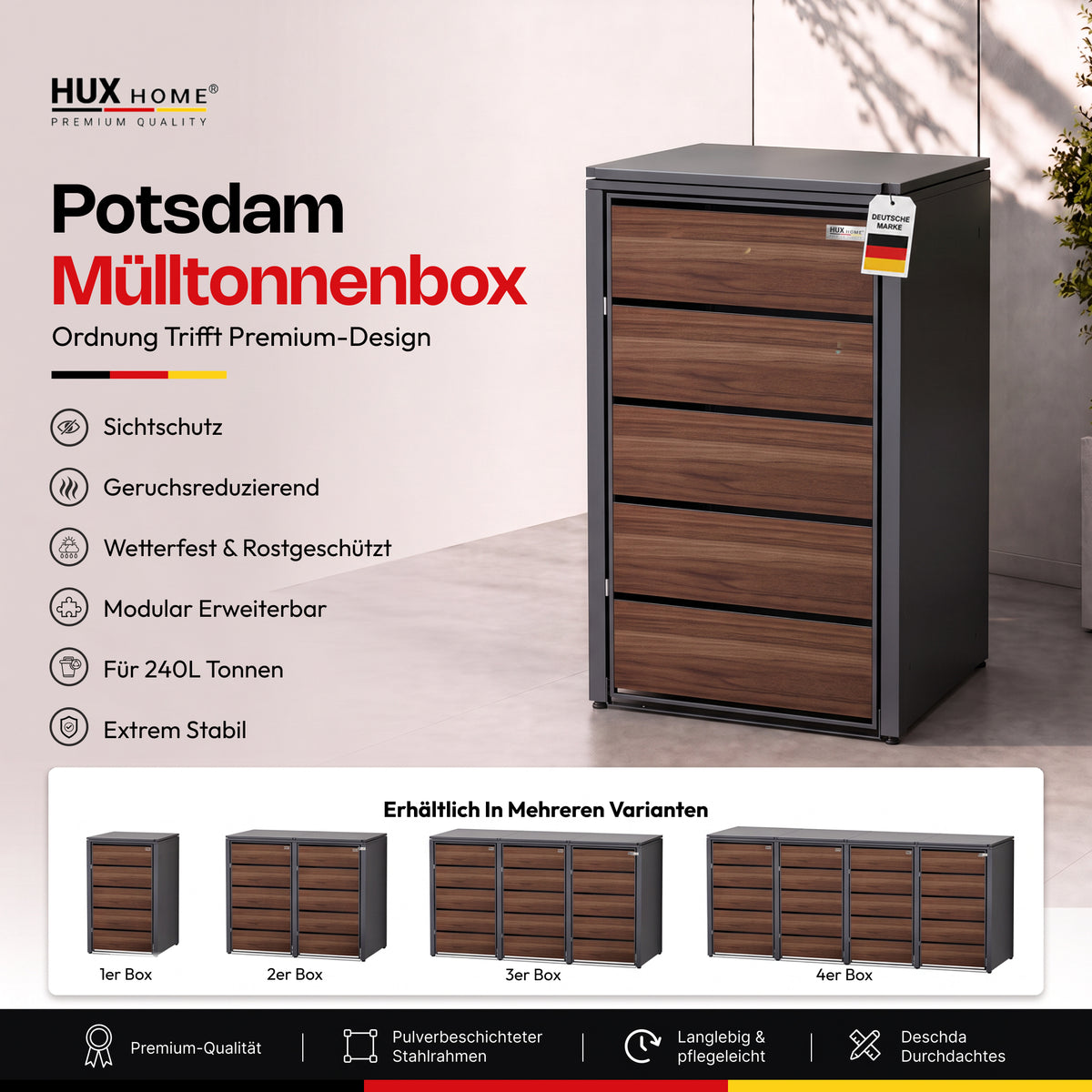 HUX-HOME® Potsdam Holzoptik Mülltonnenbox / Mülltonnenverkleidung für 240L Tonnen