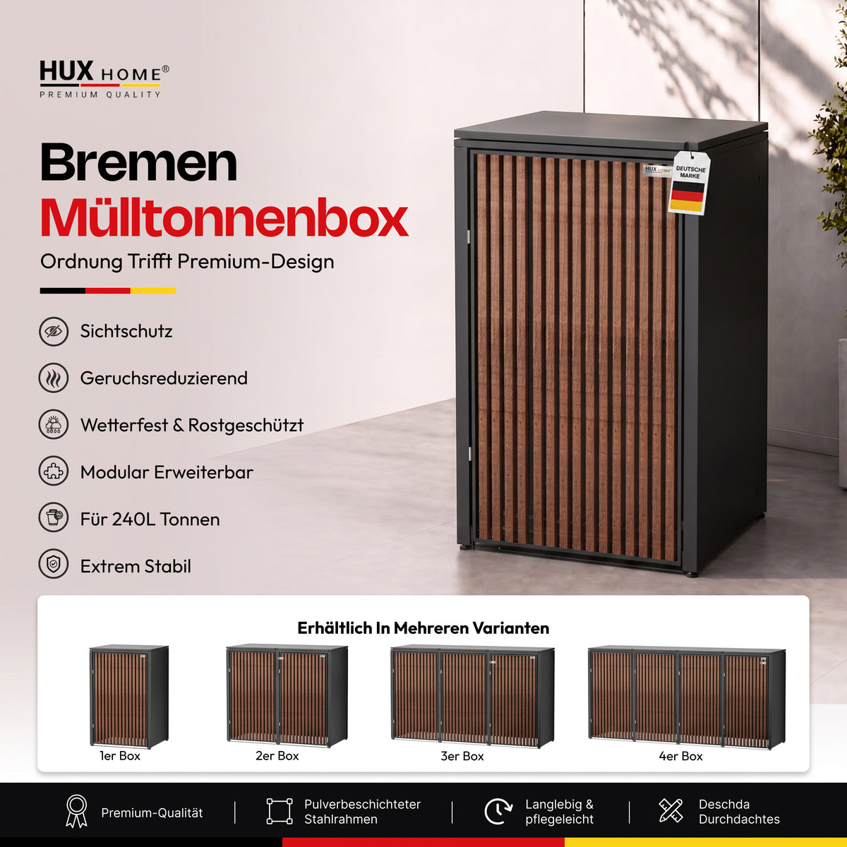 HUX-HOME® Bremen Holzoptik Mülltonnenbox / Mülltonnenverkleidung für 240L Tonnen