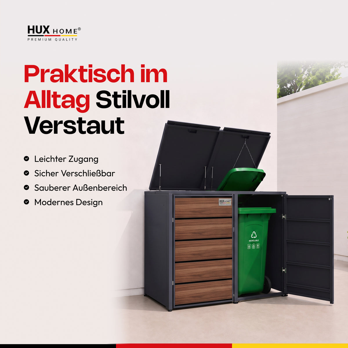 HUX-HOME® Potsdam Holzoptik Mülltonnenbox / Mülltonnenverkleidung für 240L Tonnen