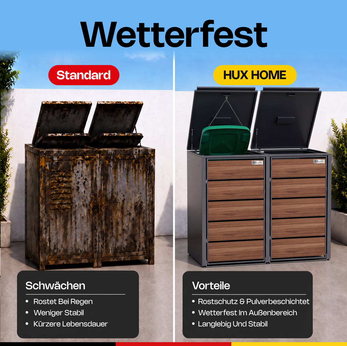 HUX-HOME® Potsdam Holzoptik Mülltonnenbox / Mülltonnenverkleidung für 240L Tonnen