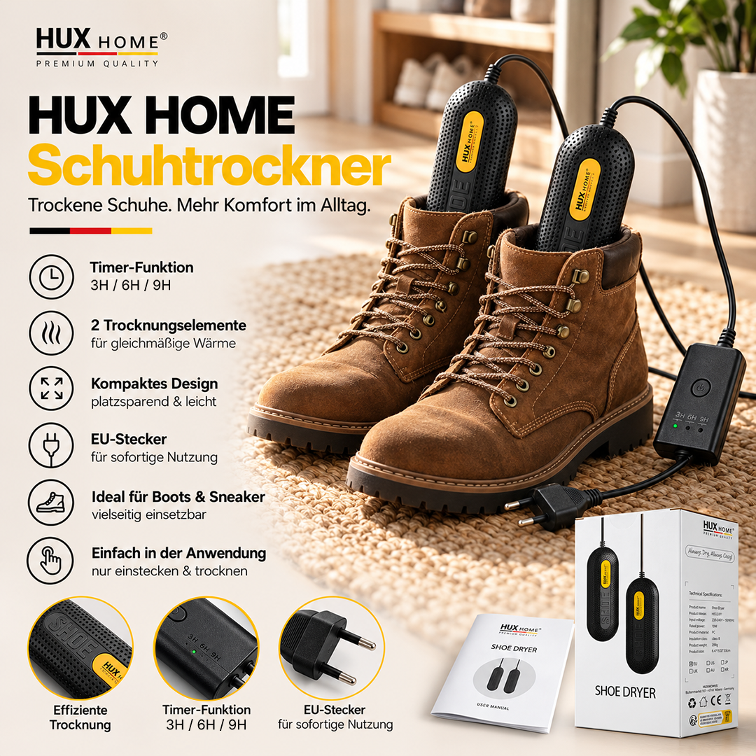 HUX-HOME® Schuh- & Stiefeltrockner elektrisch | Effizienter Schuhwärmer zum Trocknen feuchter Schuhe und zur Geruchsbeseitigung