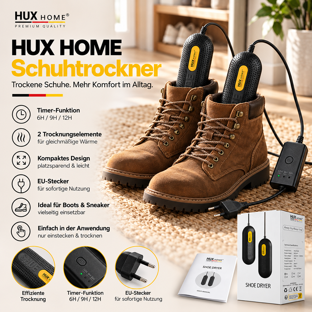 HUX-HOME® Schuh- & Stiefeltrockner elektrisch | Effizienter Schuhwärmer zum Trocknen feuchter Schuhe und zur Geruchsbeseitigung