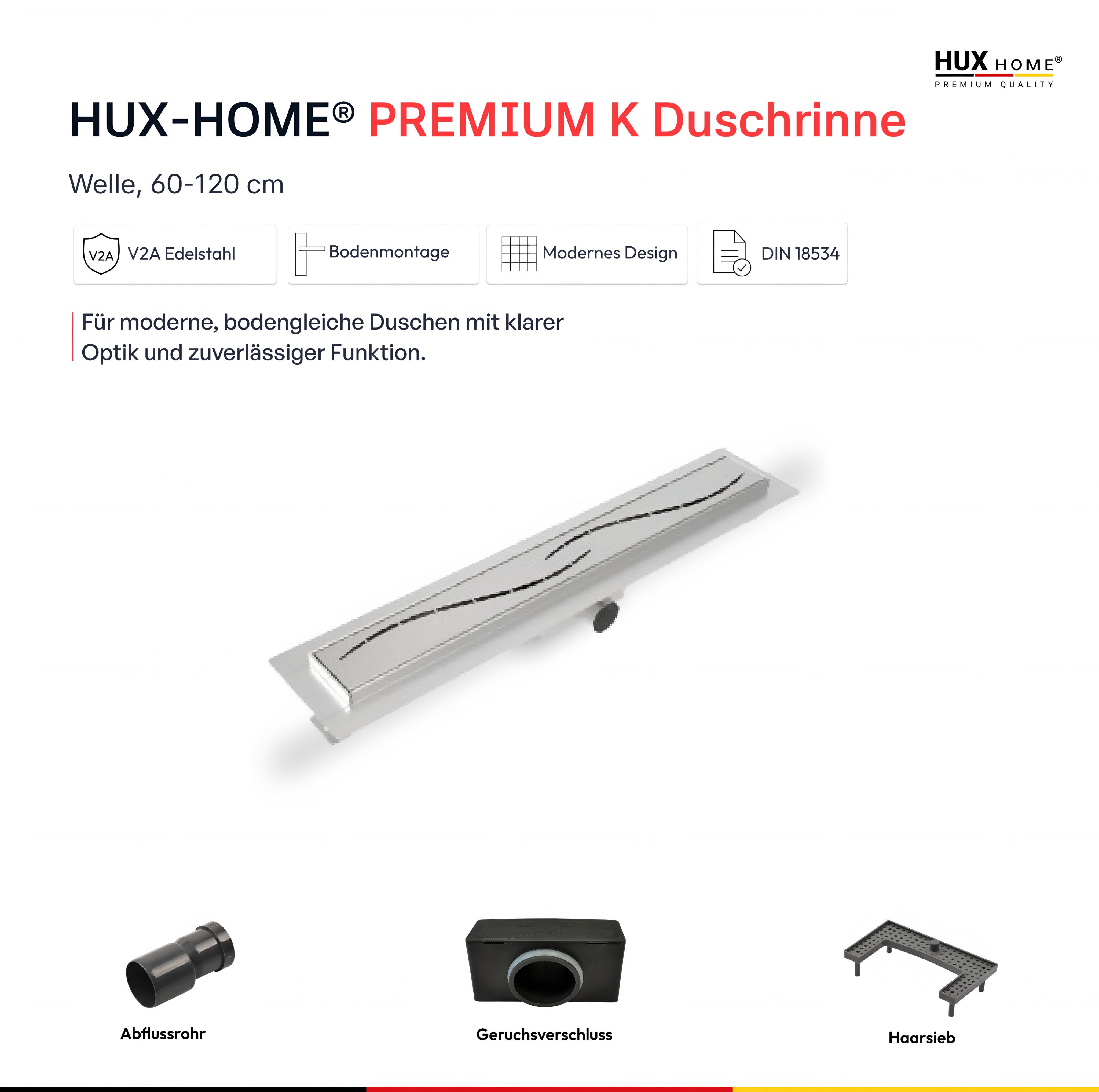HUX-HOME® PREMIUM G Duschrinne welle 60-120 cm aus Edelstahl nach DIN18534